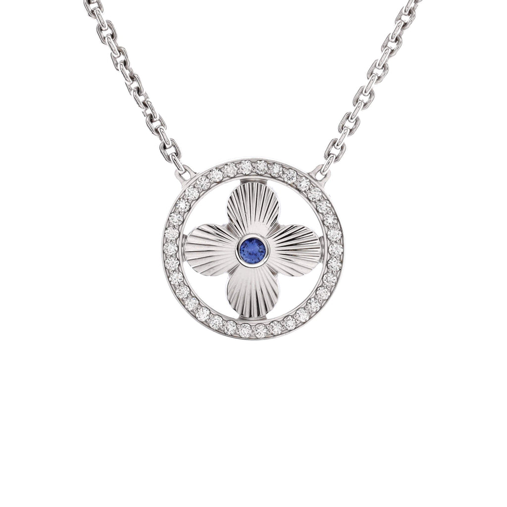 Sun Blossom Pendant Necklace 18K White Gold with Diamonds and Sapphire