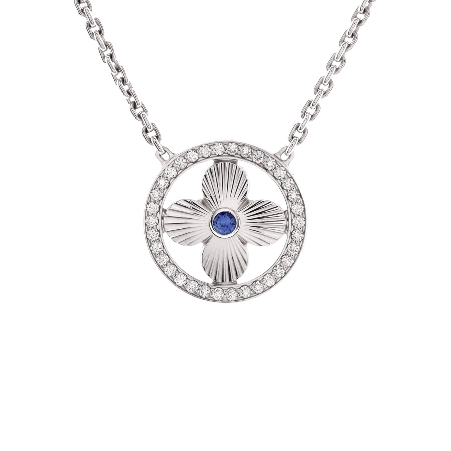 Sun Blossom Pendant Necklace 18K White Gold with Diamonds and Sapphire