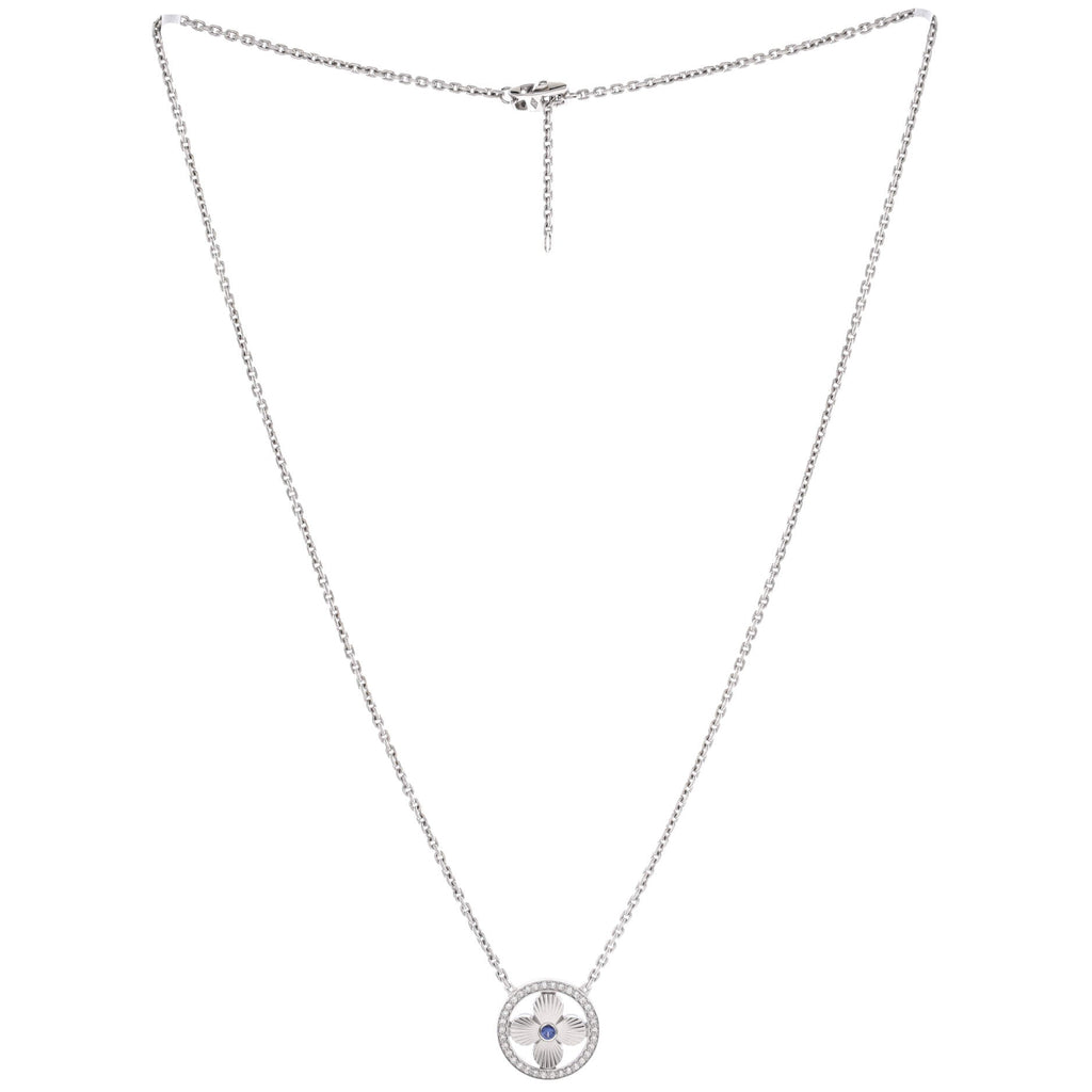 Sun Blossom Pendant Necklace 18K White Gold with Diamonds and Sapphire