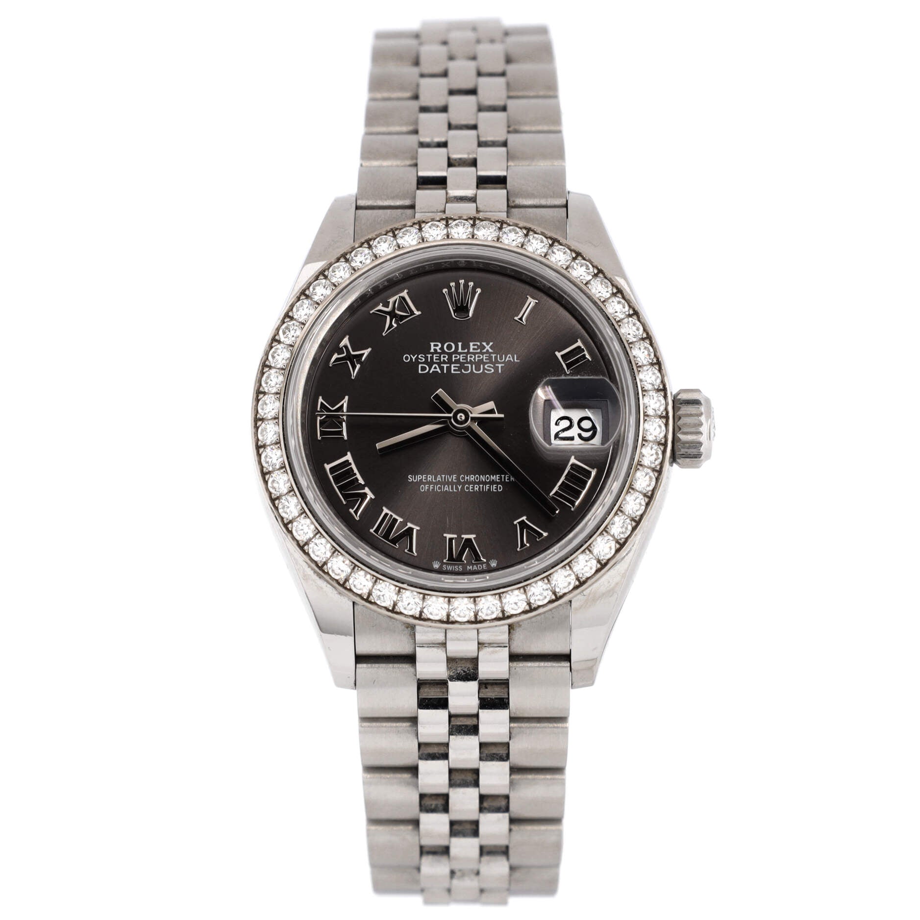Oyster Perpetual Datejust Automatic Watch Stainless Steel and White Gold with Diamond Bezel 28