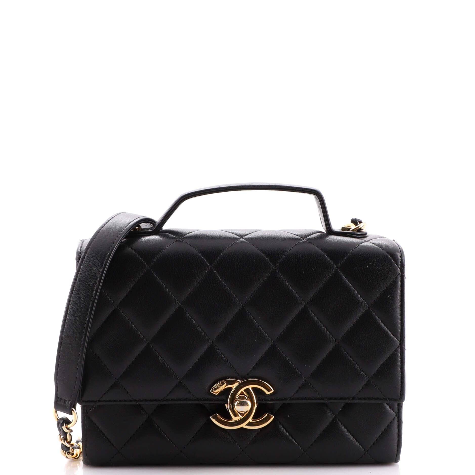Golden Plate Top Handle Flap Bag Quilted Lambskin Mini