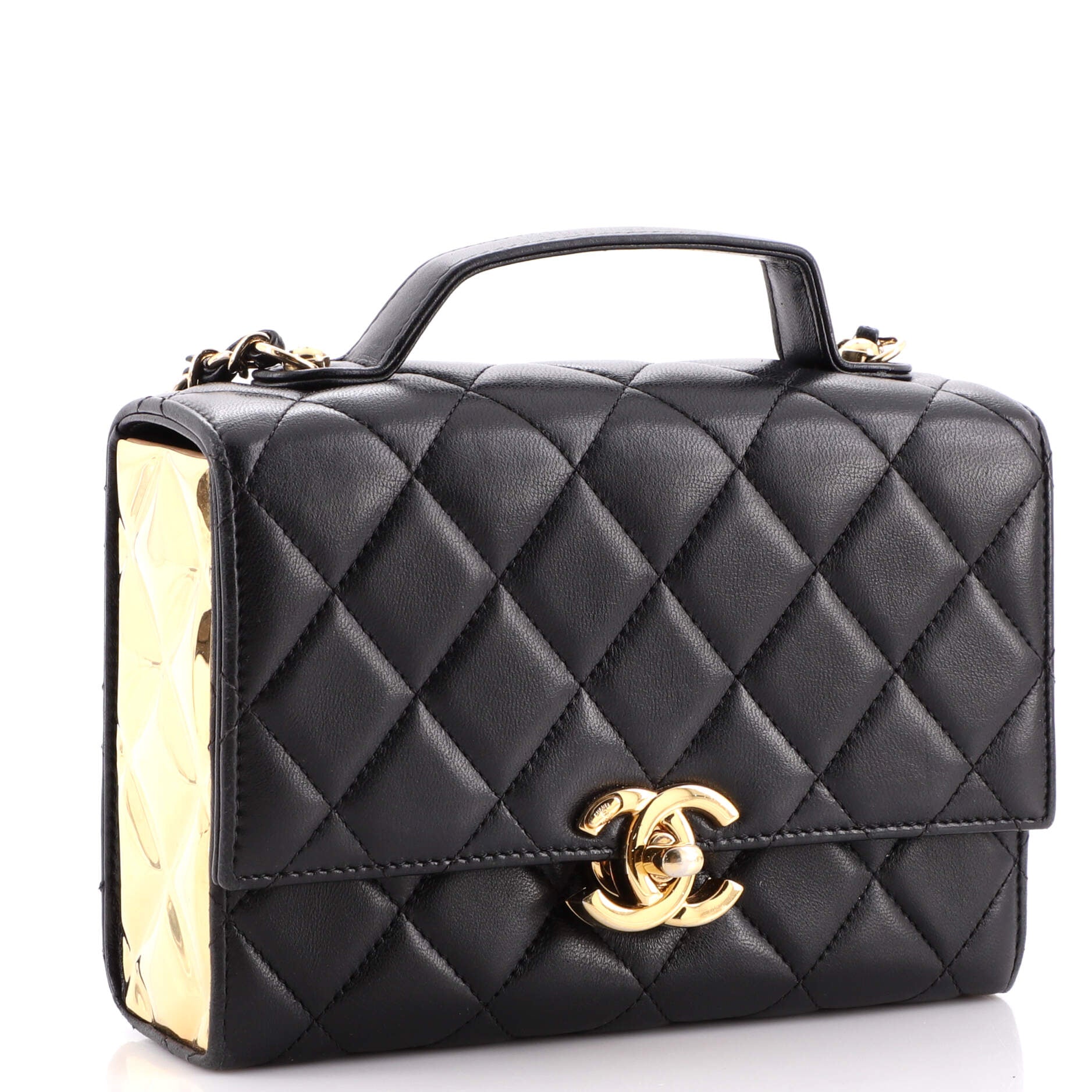 Golden Plate Top Handle Flap Bag Quilted Lambskin Mini