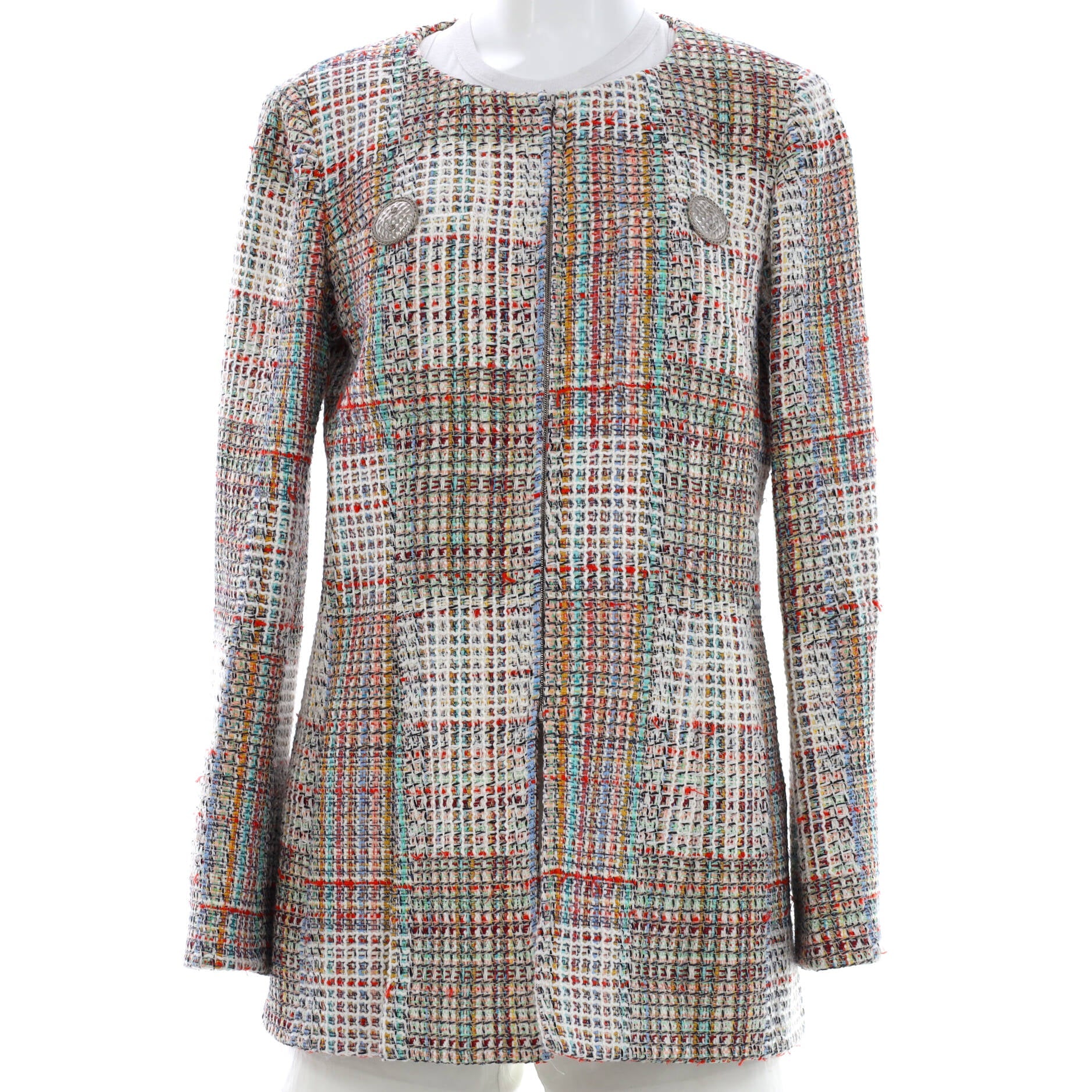 Women's Paris-Cuba Collarless Zip Up Long Jacket Tweed