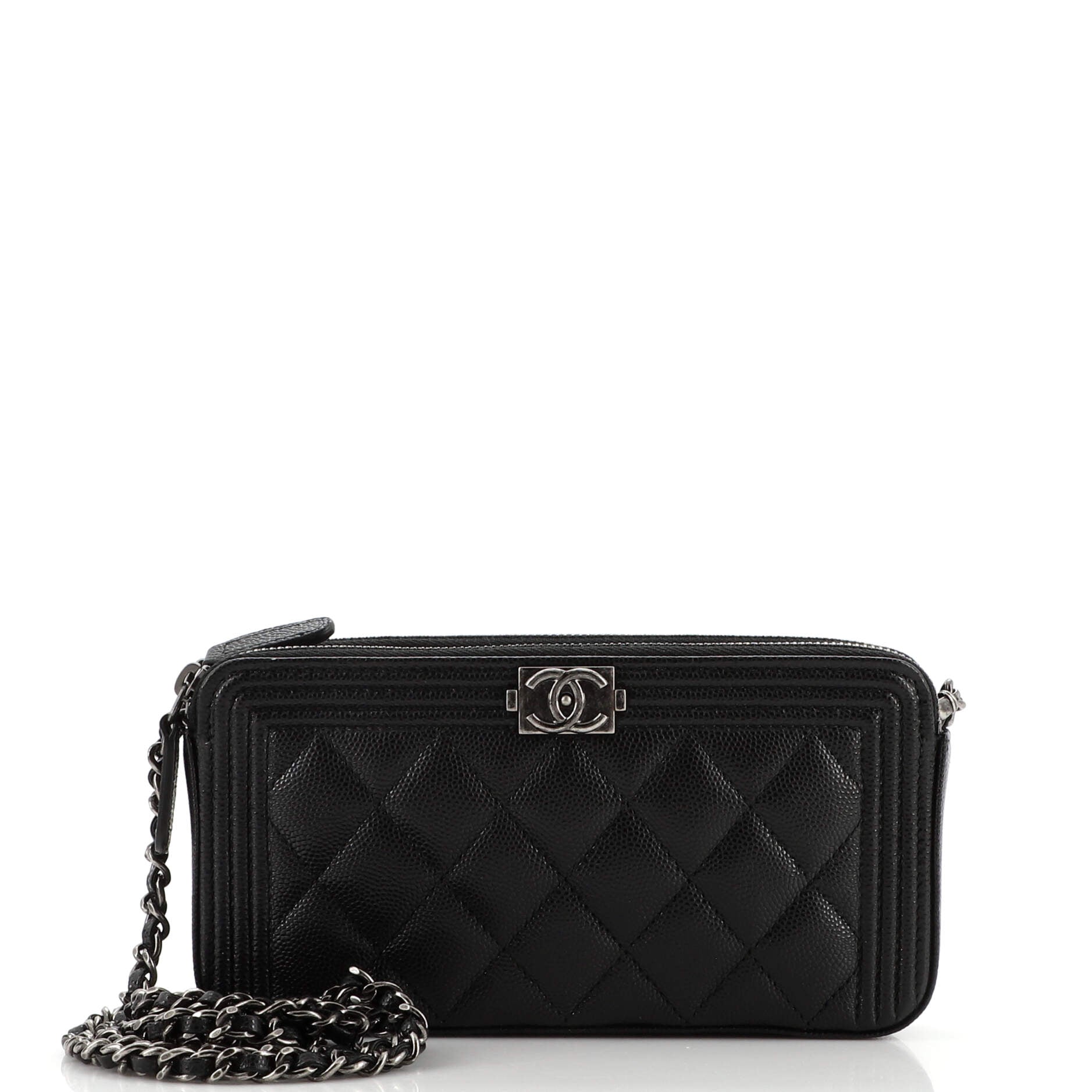 Boy Double Zip Clutch with Chain Quilted Caviar