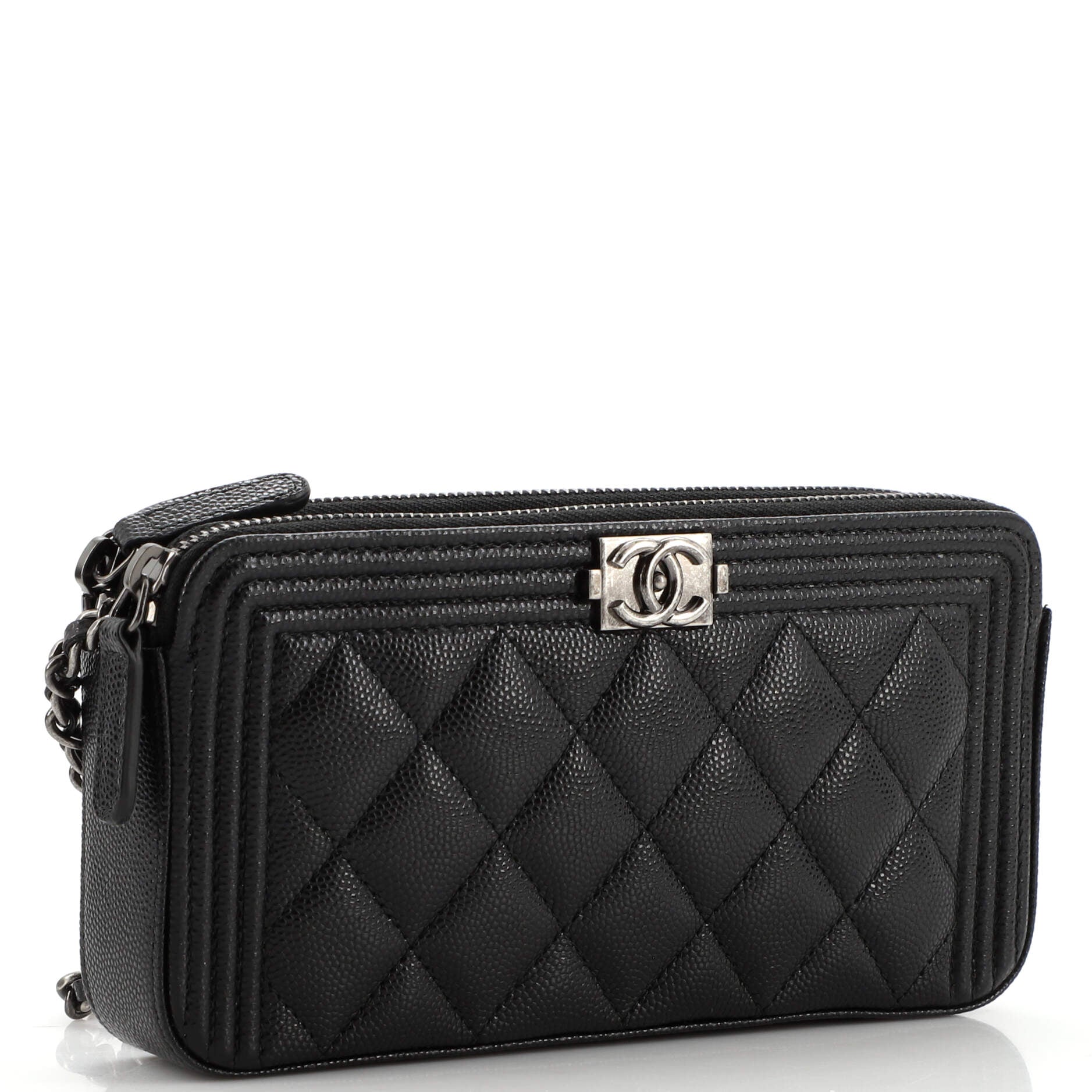 Boy Double Zip Clutch with Chain Quilted Caviar