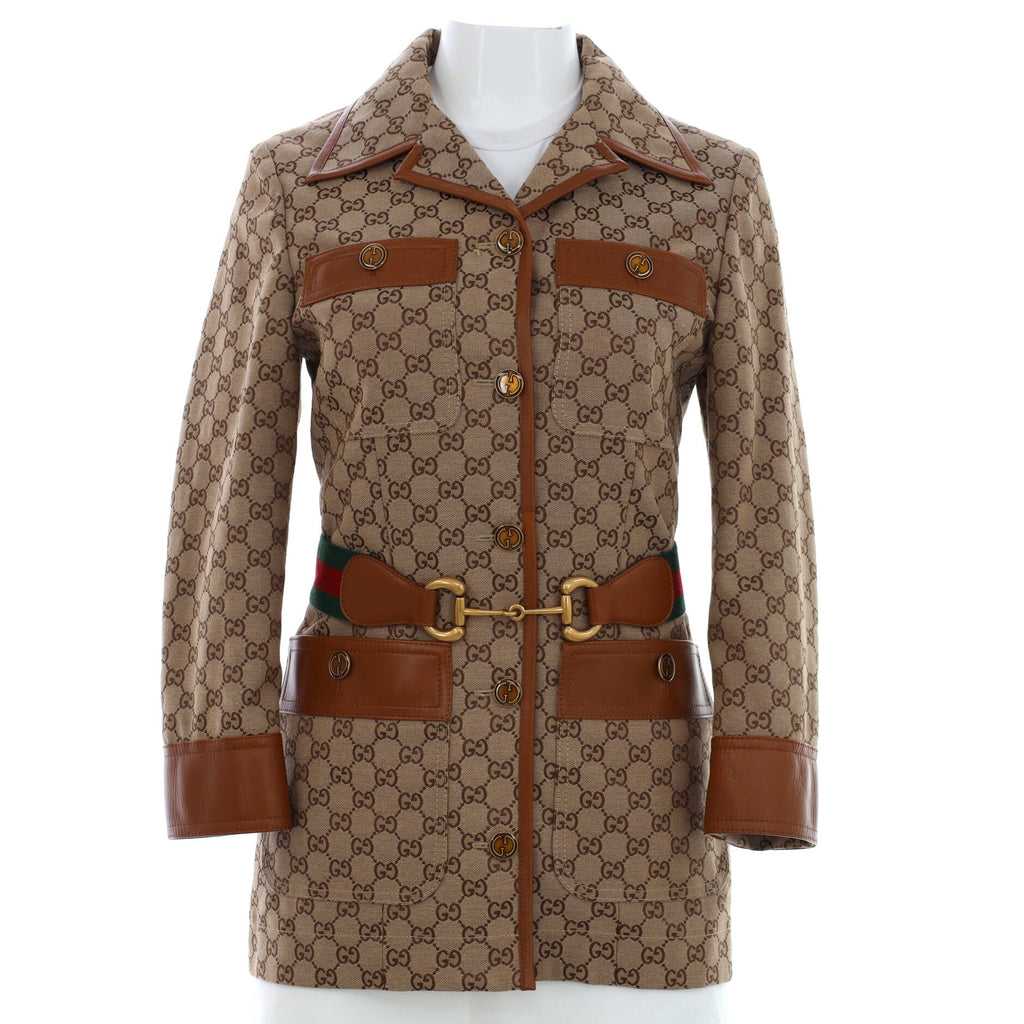 Women's Four Pocket Button Up Belted Jacket GG Canvas with Leather
