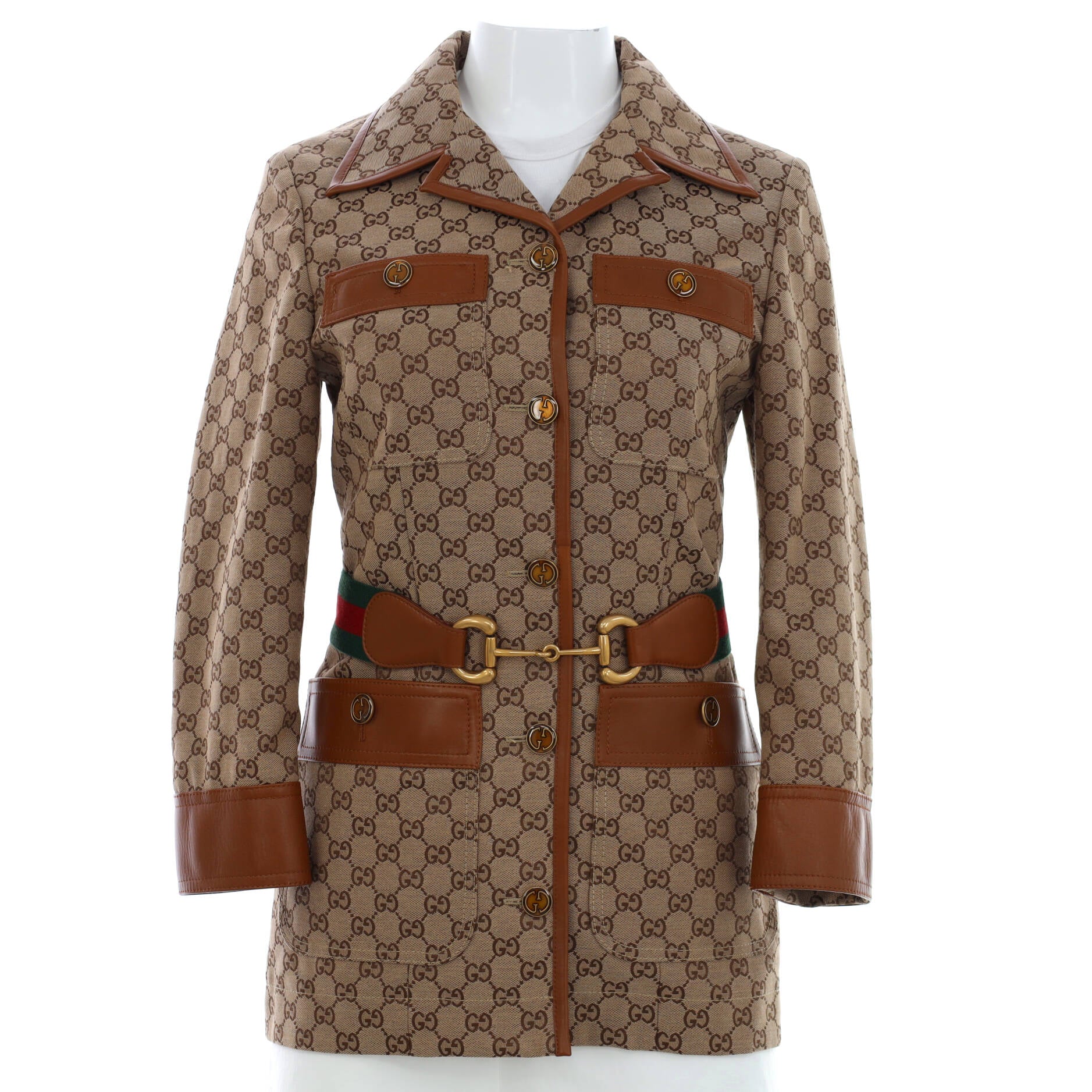 Women's Four Pocket Button Up Belted Jacket GG Canvas with Leather