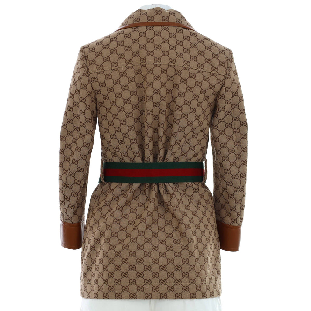 Women's Four Pocket Button Up Belted Jacket GG Canvas with Leather