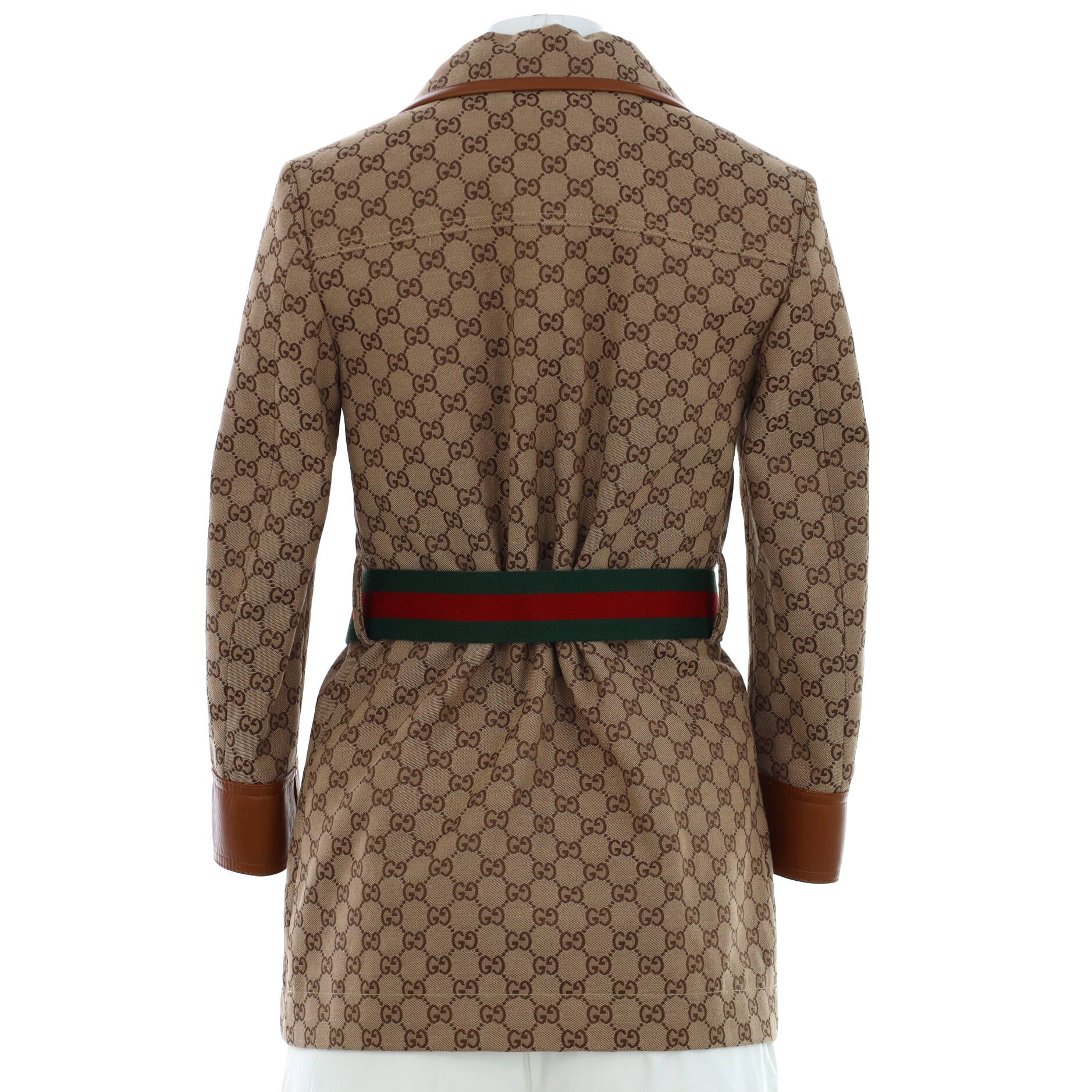 Women's Four Pocket Button Up Belted Jacket GG Canvas with Leather