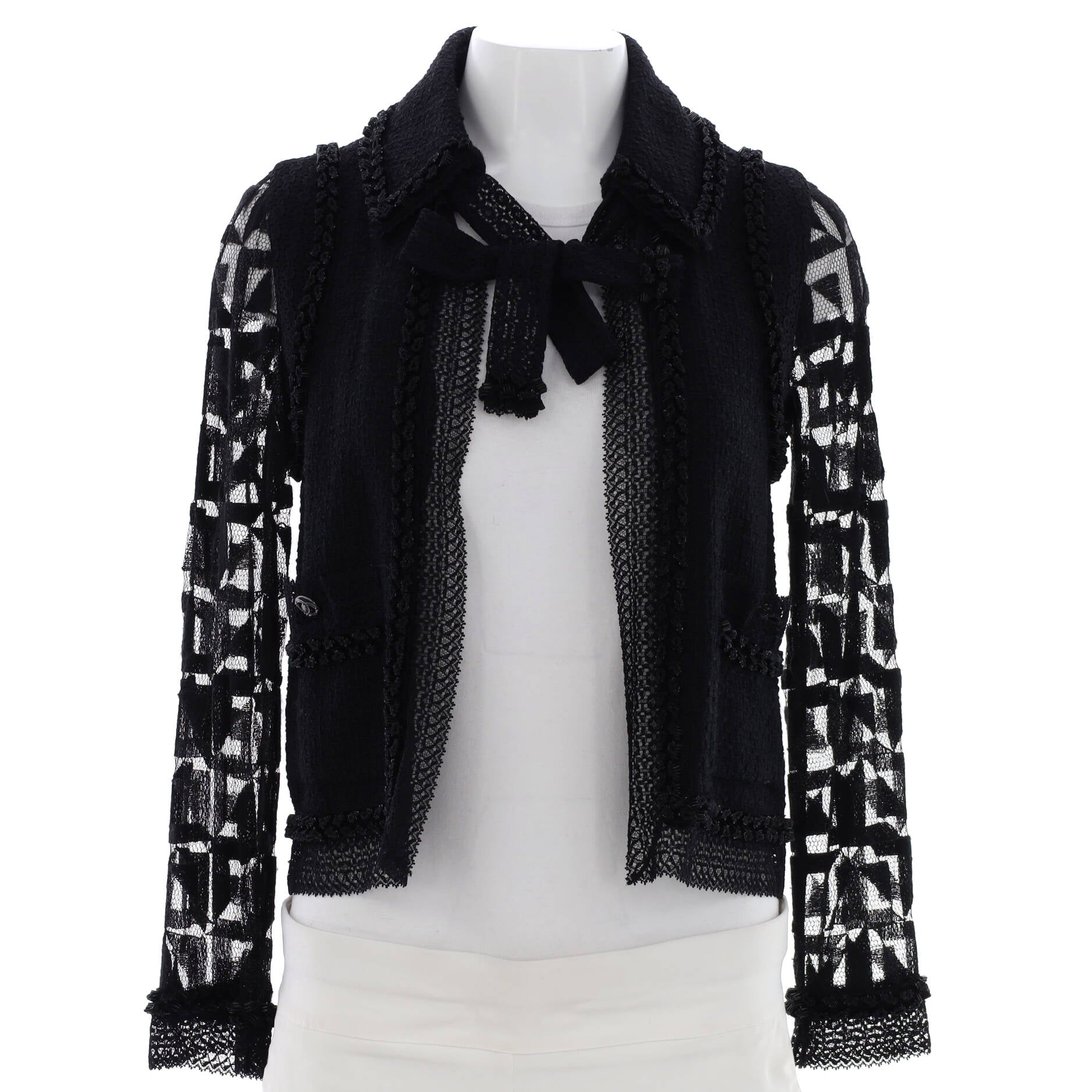 Women's Tie Double Pocket Jacket Tweed and Lace with Beads