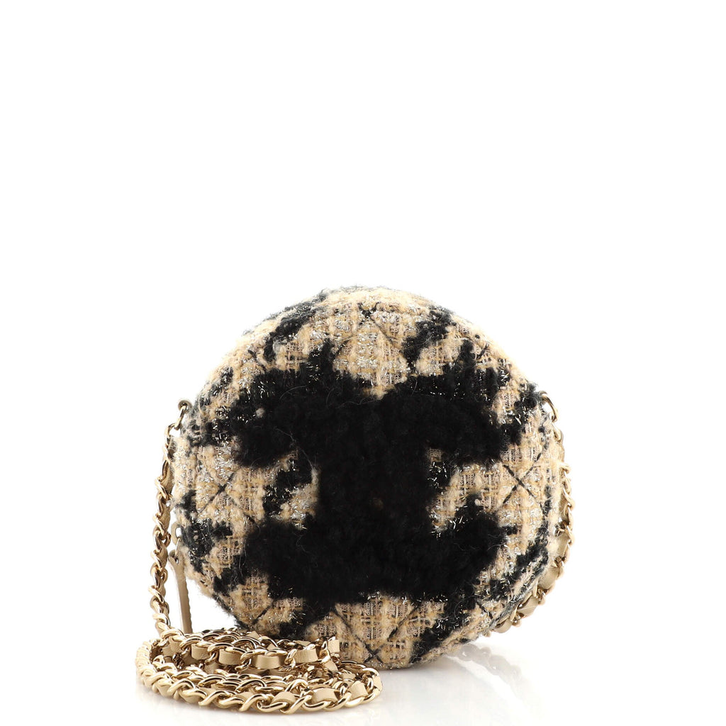 Round Clutch with Chain and Coin Purse Quilted Tweed with Shearling