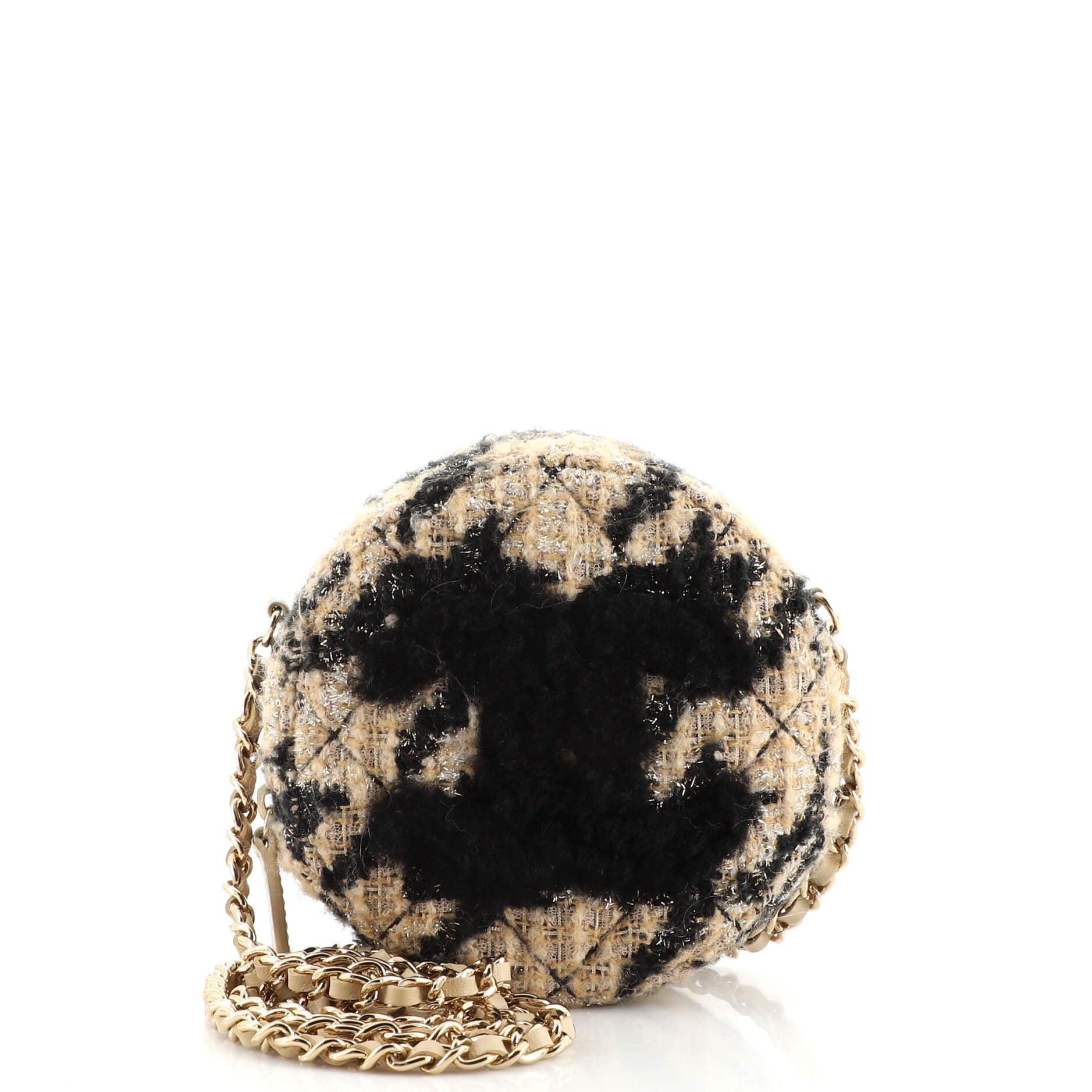 Round Clutch with Chain and Coin Purse Quilted Tweed with Shearling