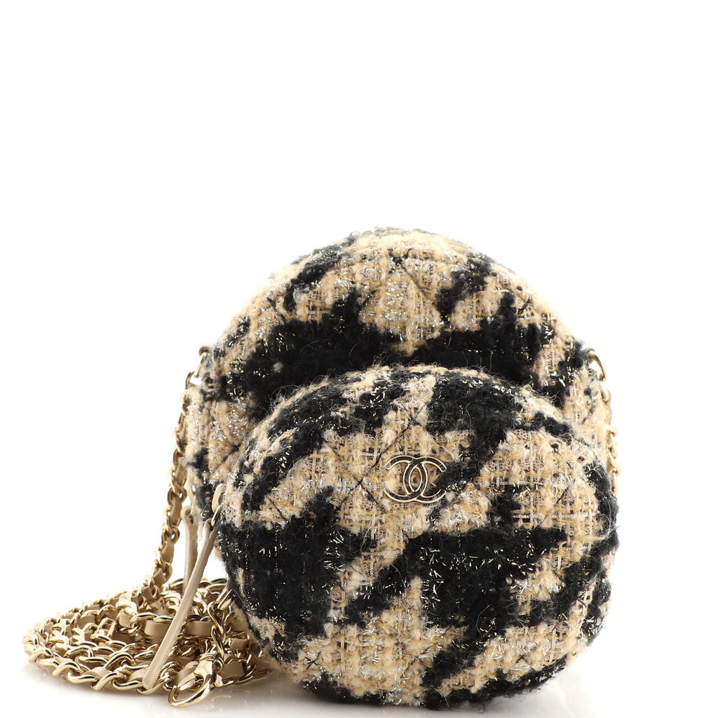 Round Clutch with Chain and Coin Purse Quilted Tweed with Shearling