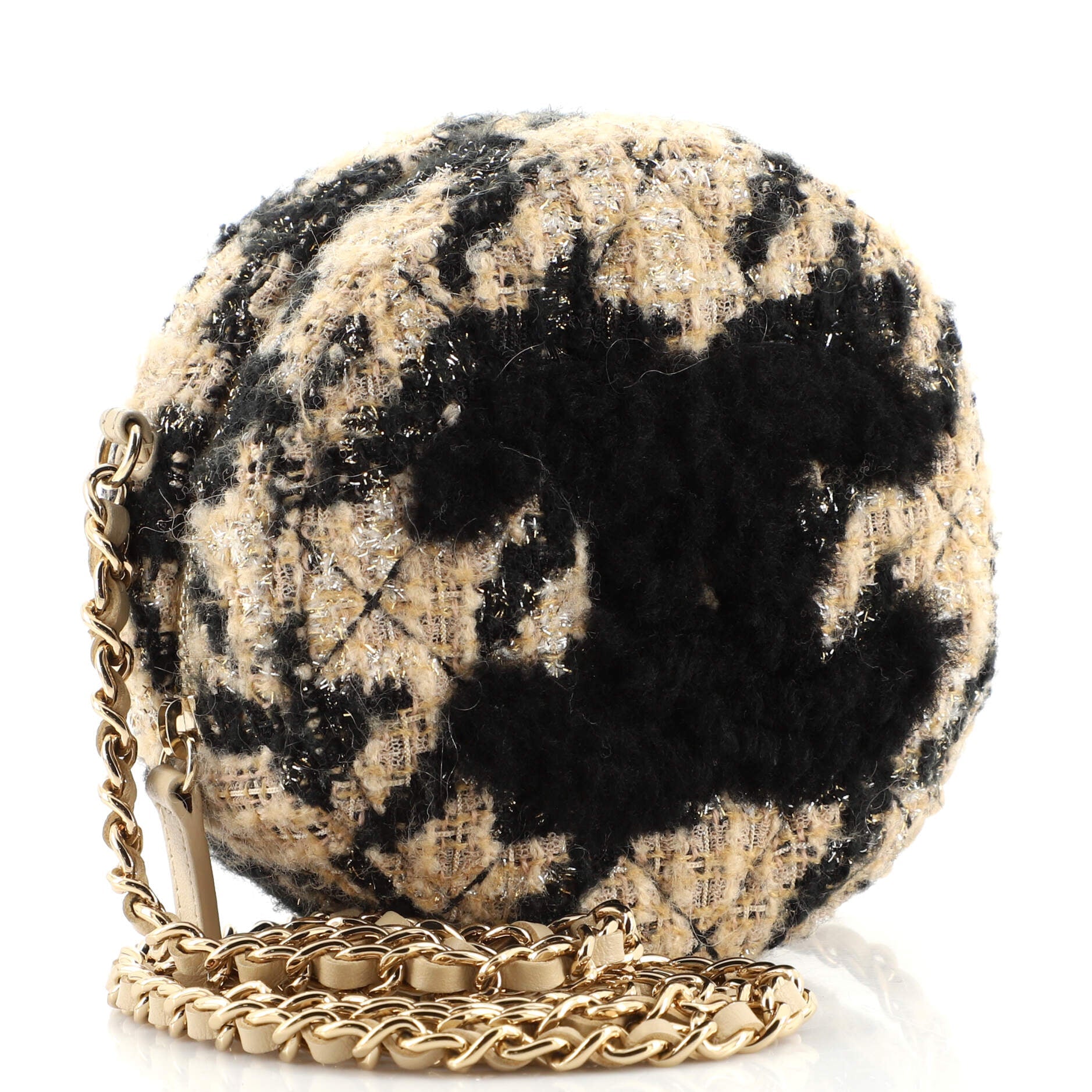 Round Clutch with Chain and Coin Purse Quilted Tweed with Shearling