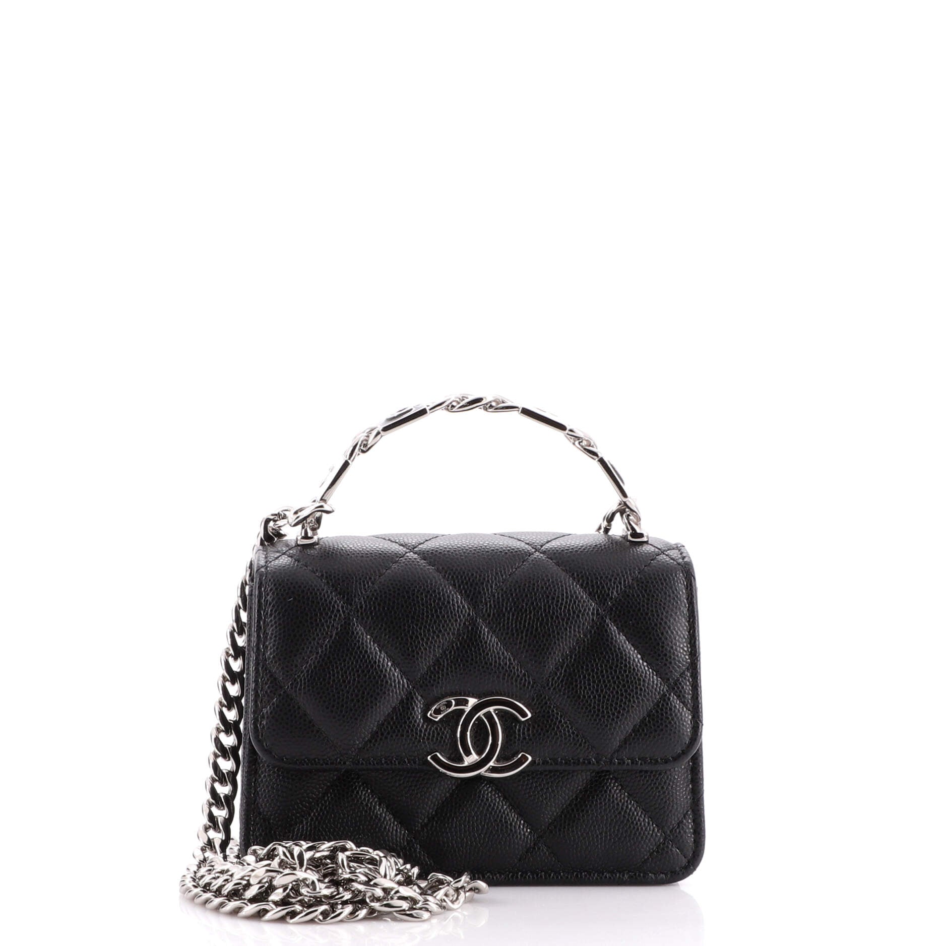 Coco Enamel Top Handle Flap Clutch with Chain Quilted Caviar