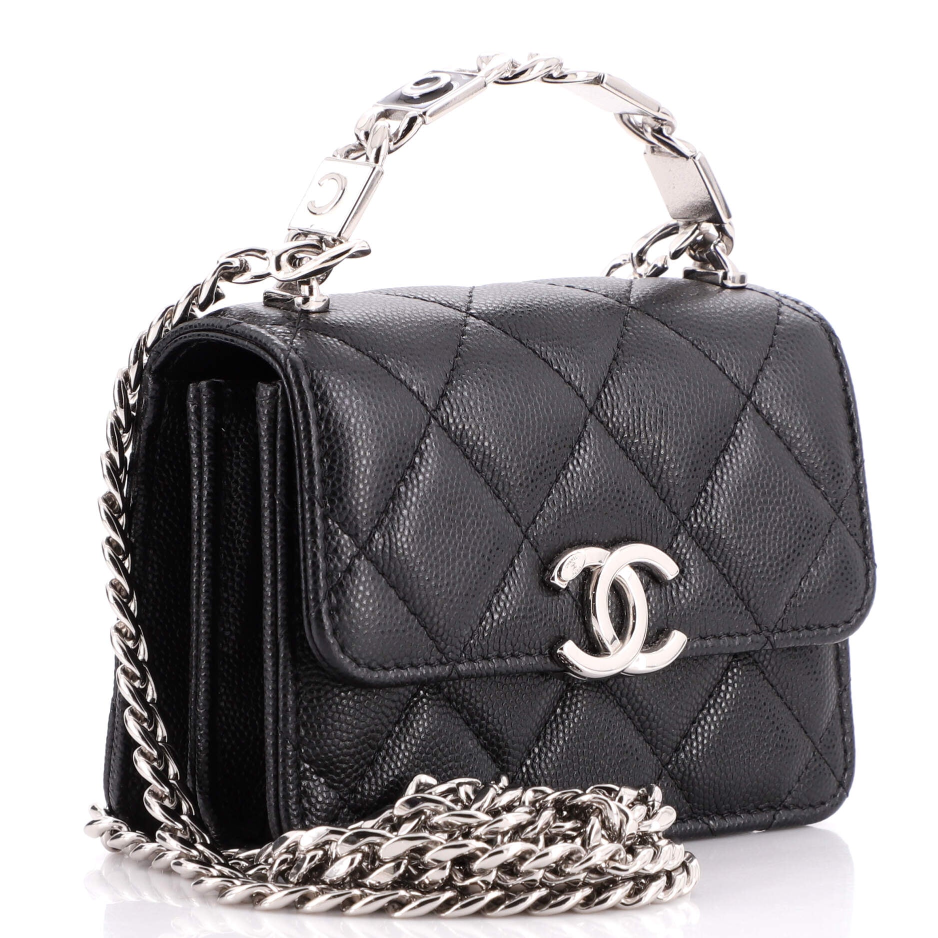 Coco Enamel Top Handle Flap Clutch with Chain Quilted Caviar