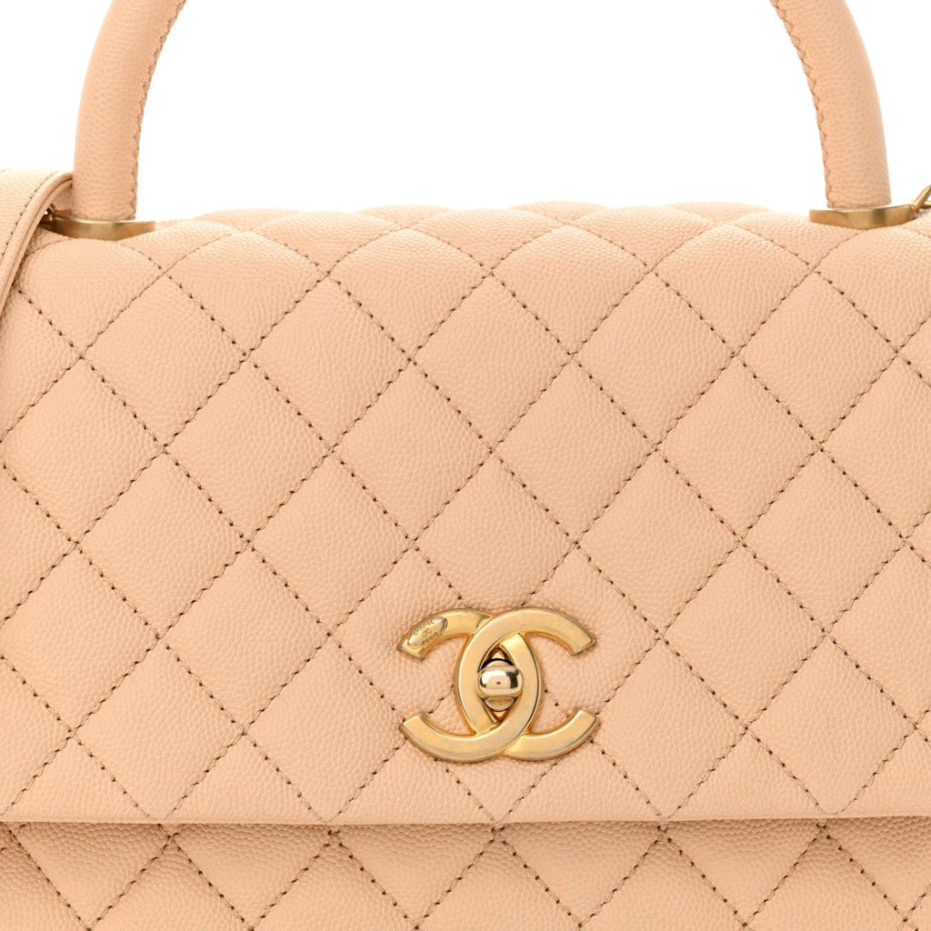 Caviar Quilted Small Coco Handle Flap Beige