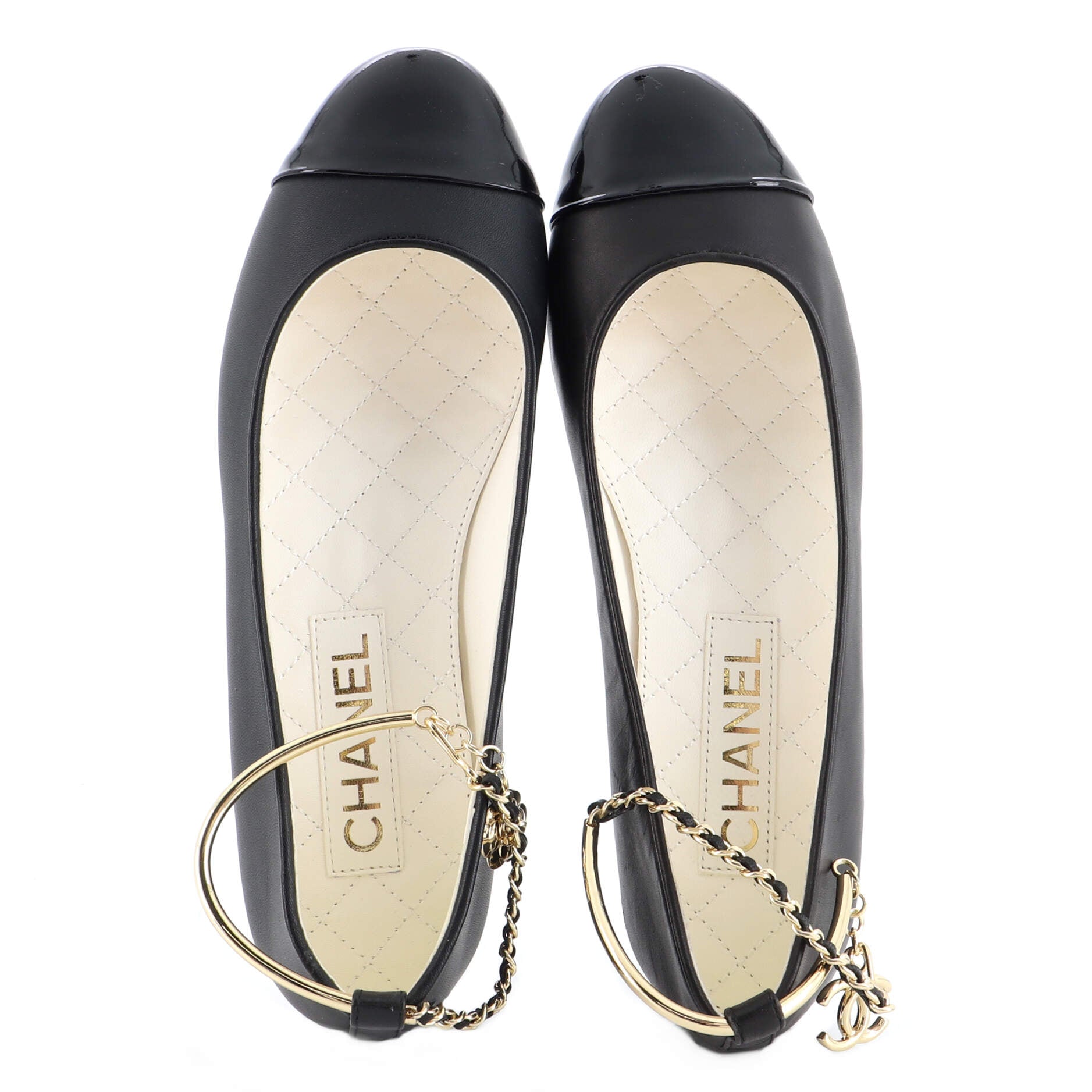 Women's Cap Toe Ankle Chain Ballerina Flats Leather