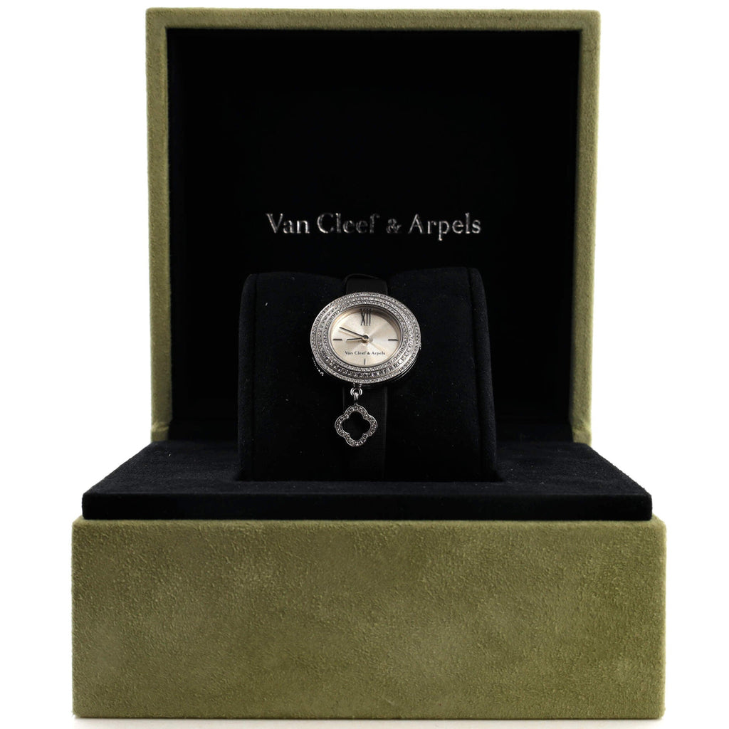 Charms Three Row Quartz Watch White Gold and Satin with Diamond Bezel 25