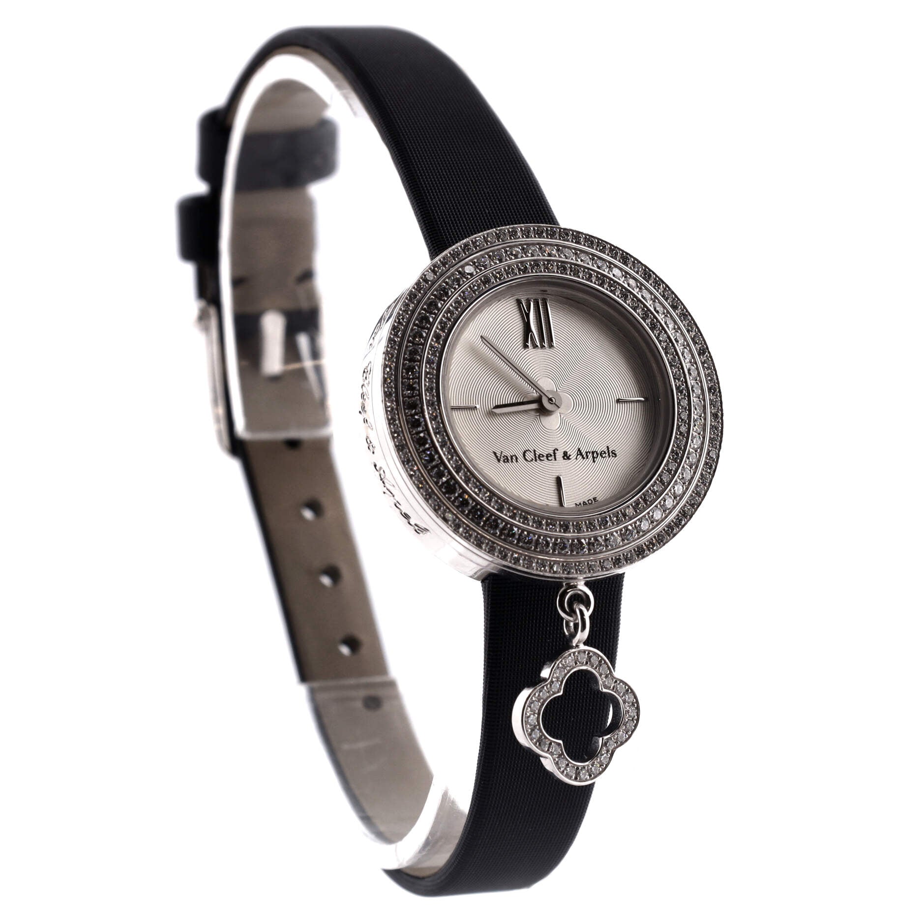 Charms Three Row Quartz Watch White Gold and Satin with Diamond Bezel 25