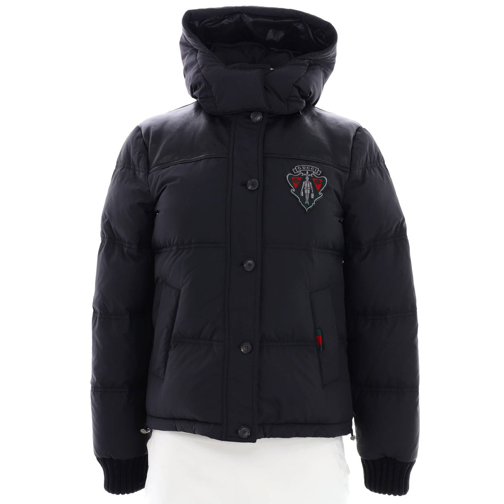 Women's Button Up Patch Puffer Coat Quilted Polyamide with Leather and Down
