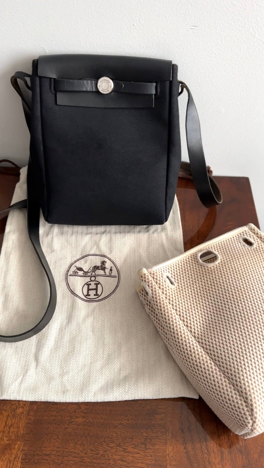 Hermes Mini Herbag Crossbody Bag Toile Natural and Black Canvas