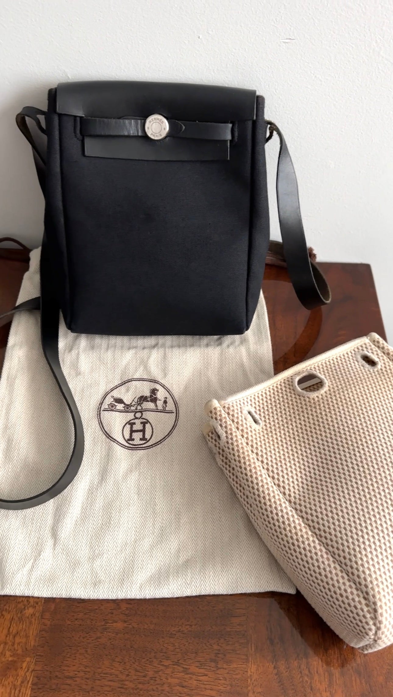 Hermes Mini Herbag Crossbody Bag Toile Natural and Black Canvas