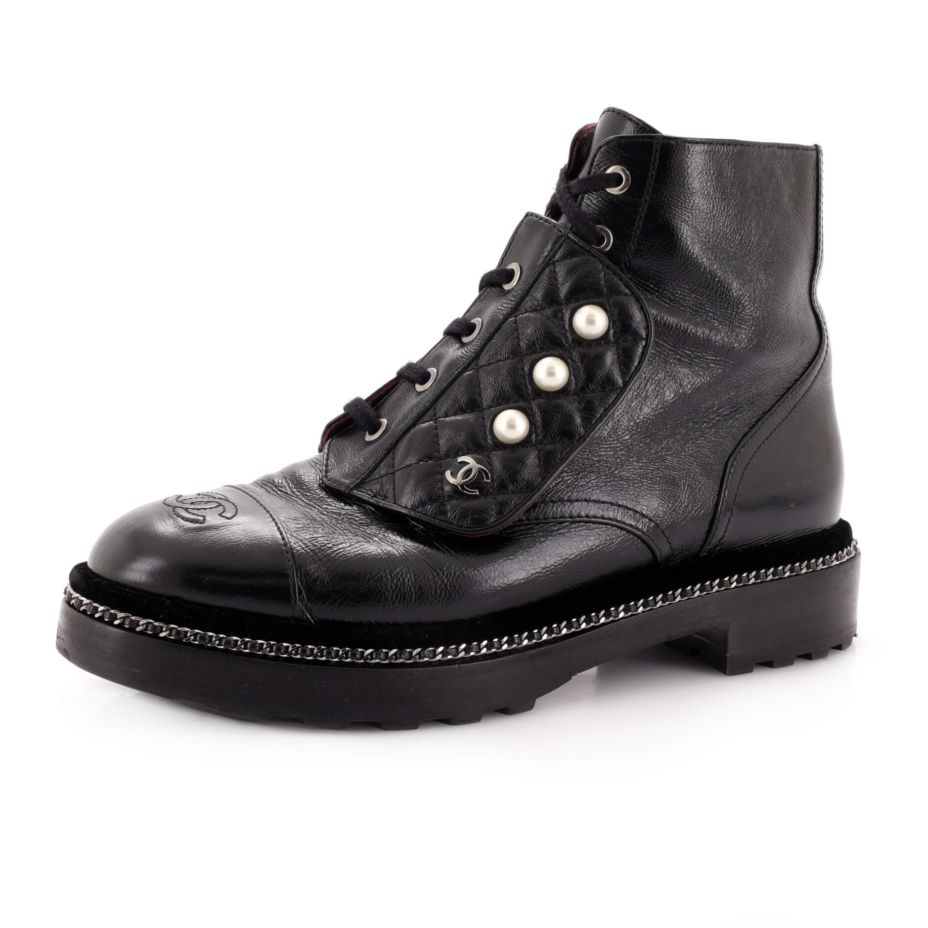 Women's Cap Toe CC Chain Around Pearl Combat Boots Leather