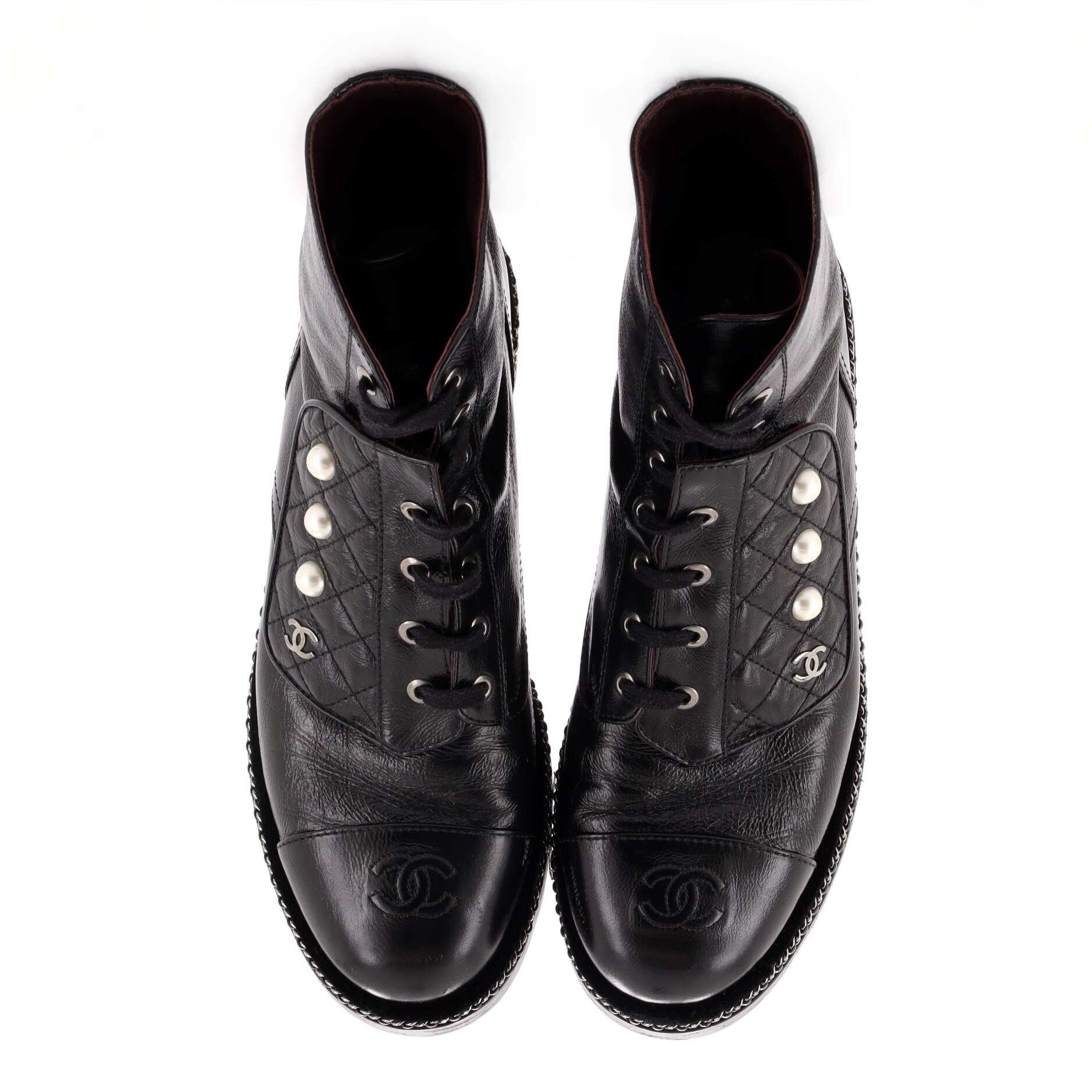 Women's Cap Toe CC Chain Around Pearl Combat Boots Leather