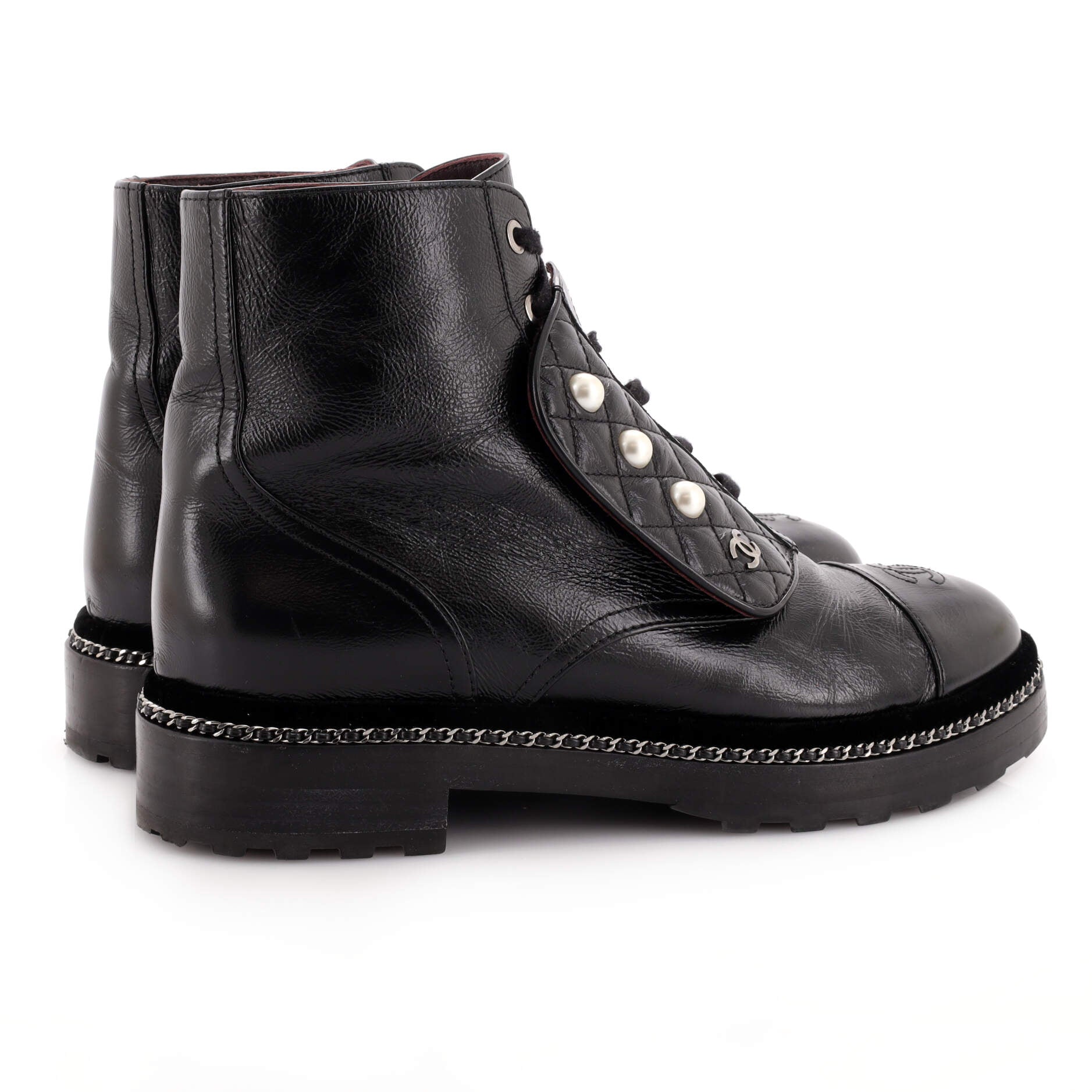 Women's Cap Toe CC Chain Around Pearl Combat Boots Leather