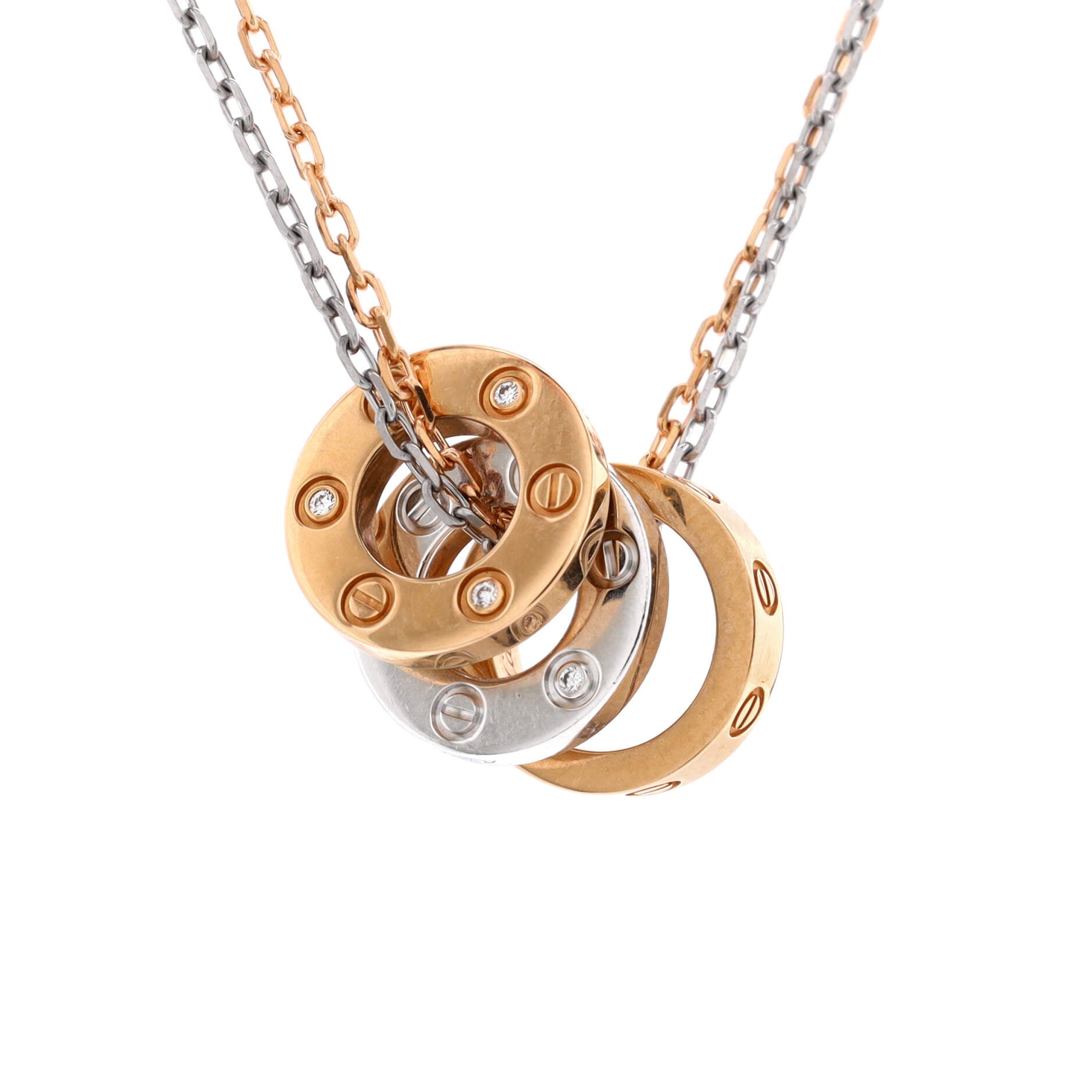 Love 3 Ring Pendant Necklace 18K Rose Gold and 18K White Gold with 6 Diamonds