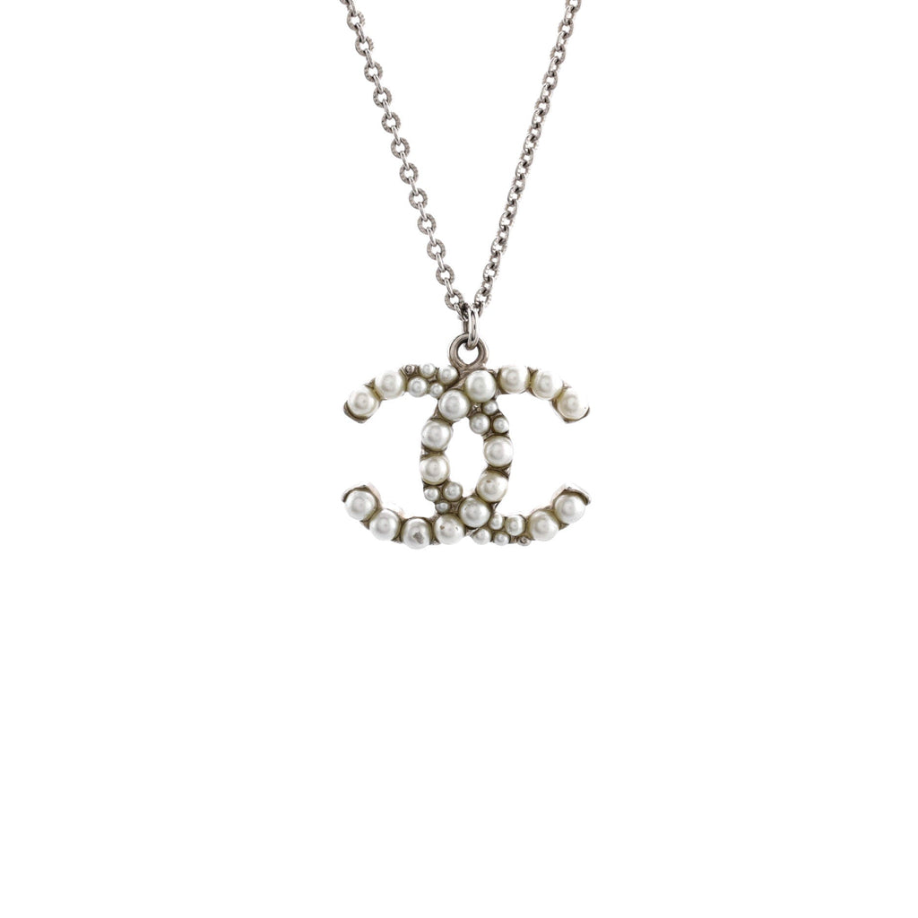 CC Pendant Long Necklace Metal with Faux Pearl