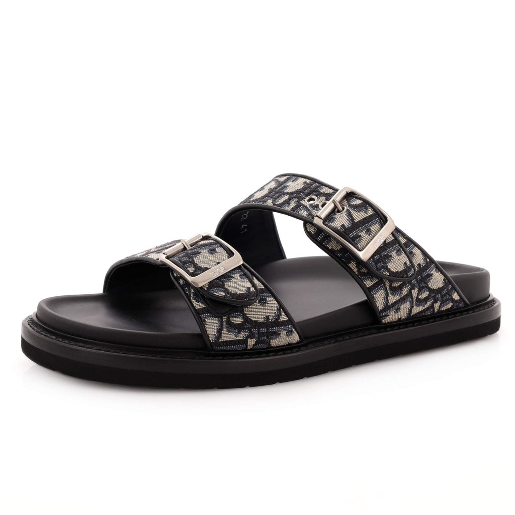 Men's Aqua Buckle Slide Sandals Oblique Canvas and Leather