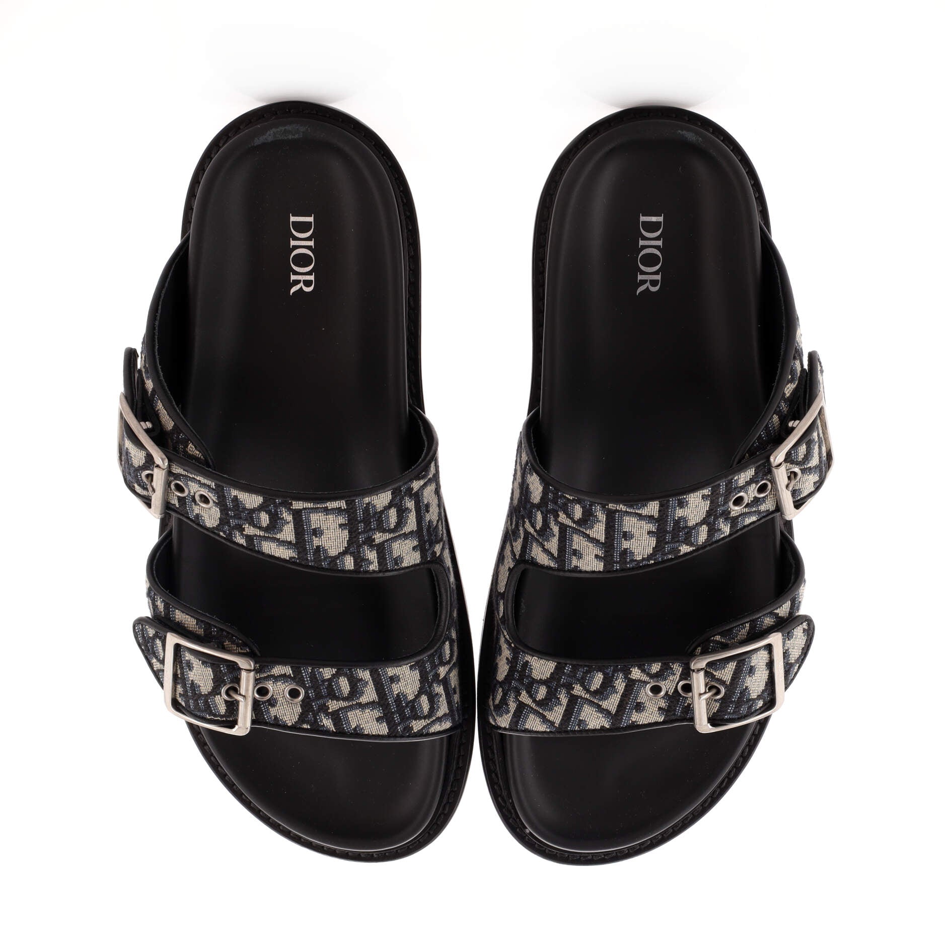 Men's Aqua Buckle Slide Sandals Oblique Canvas and Leather