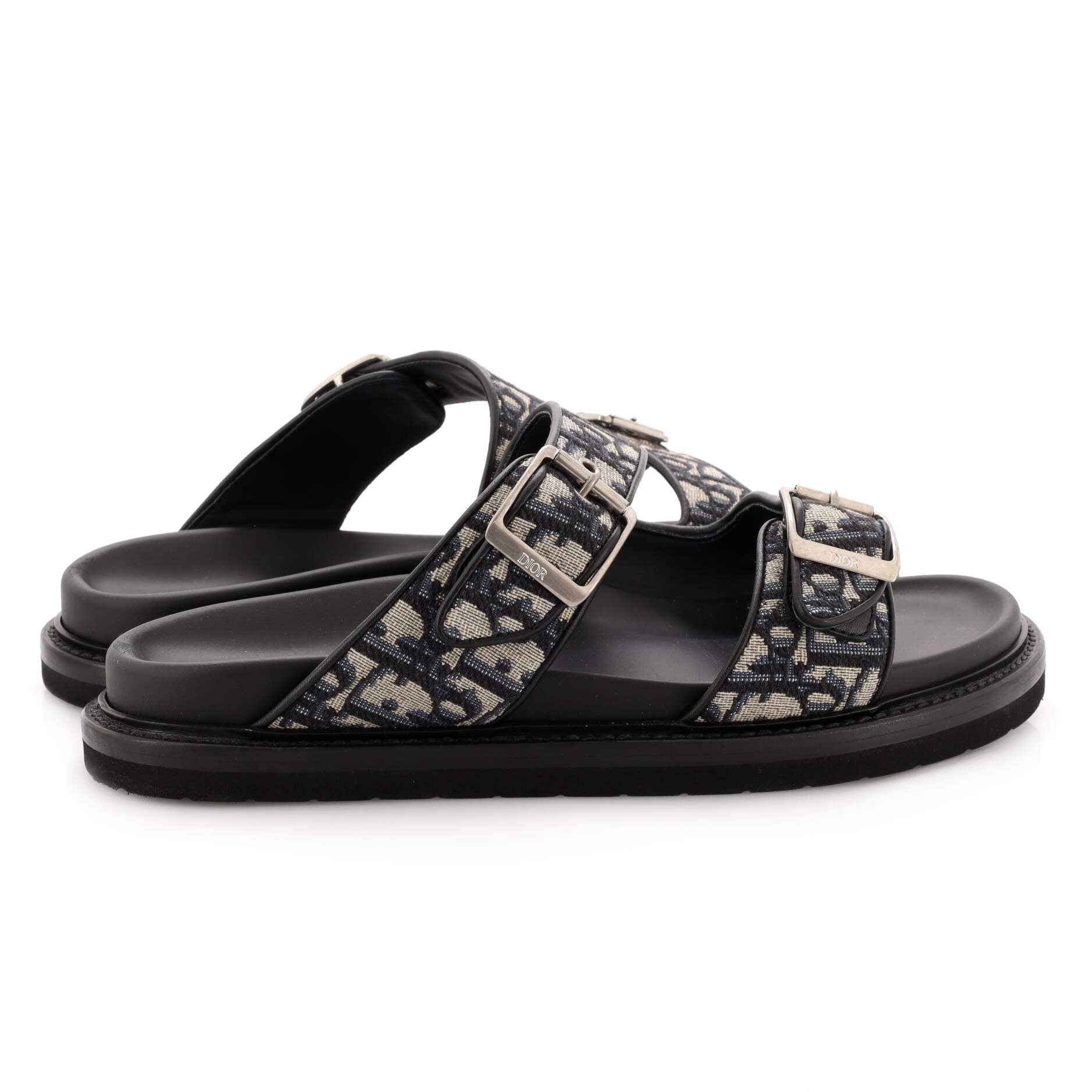 Men's Aqua Buckle Slide Sandals Oblique Canvas and Leather