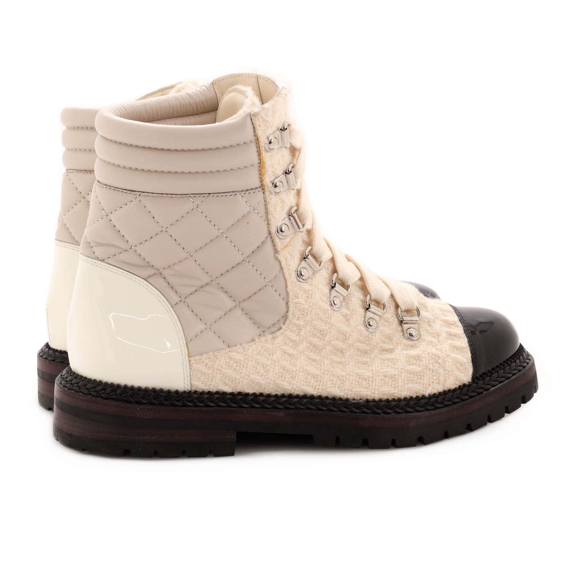 Women's Cap Toe Combat Boots Tweed and Quilted Leather