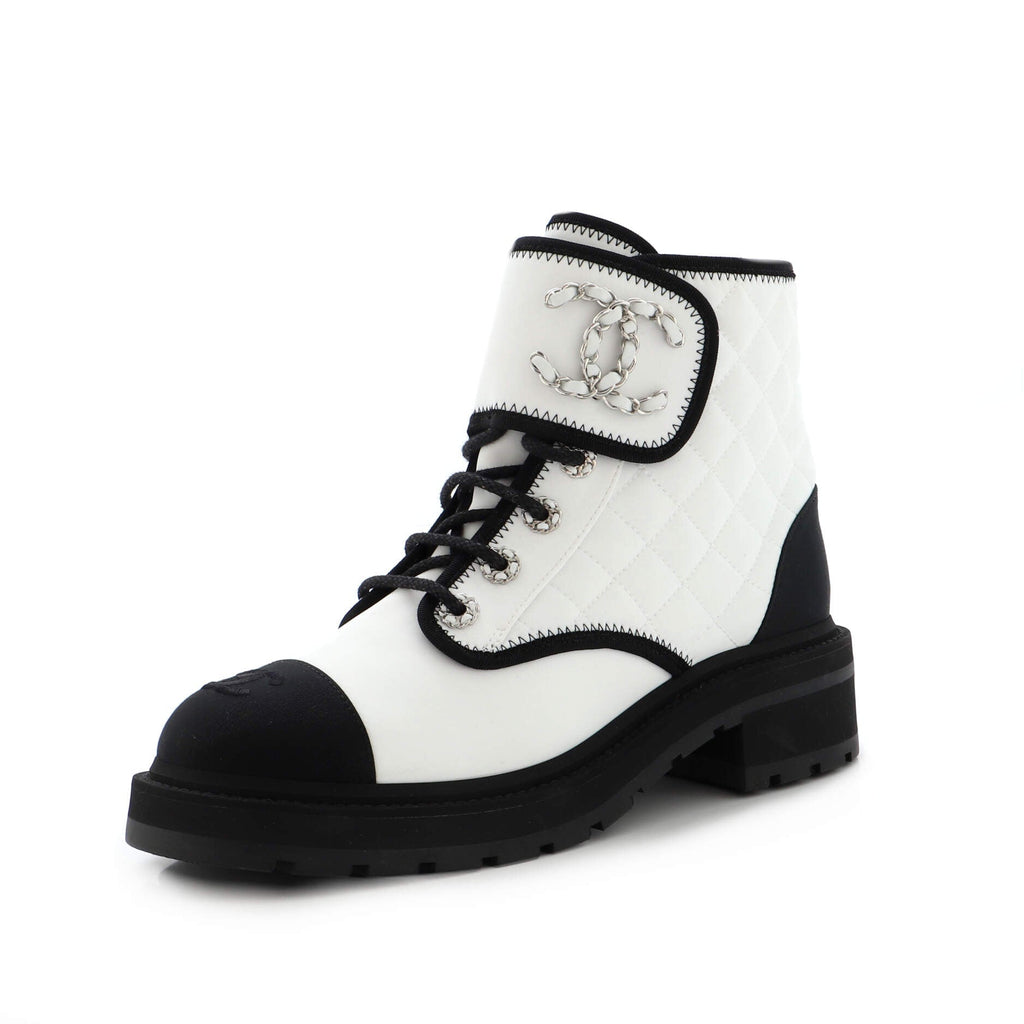 Women's Chain CC Cap Toe Lace Up Combat Boots Quilted Fabric and Grosgrain