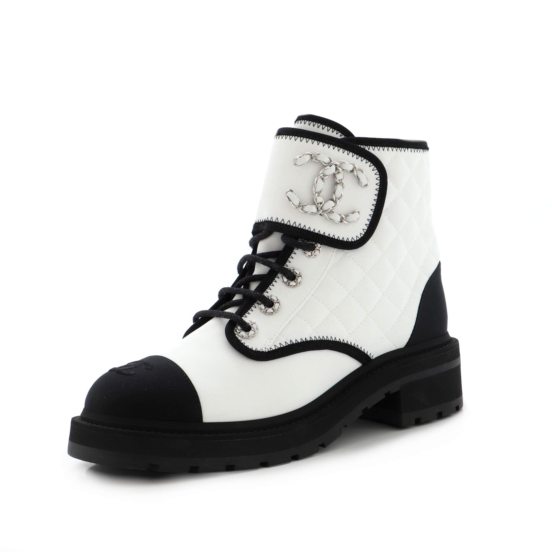 Women's Chain CC Cap Toe Lace Up Combat Boots Quilted Fabric and Grosgrain