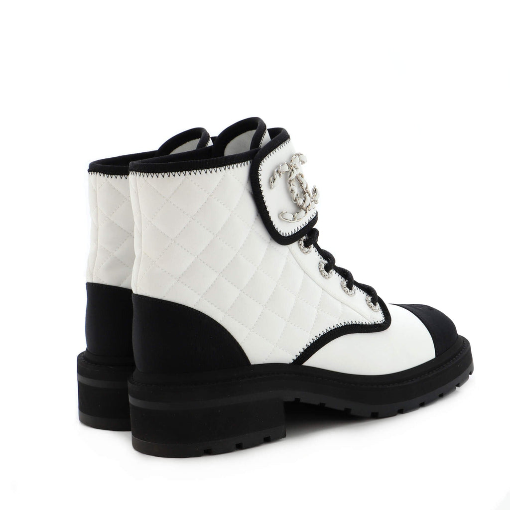 Women's Chain CC Cap Toe Lace Up Combat Boots Quilted Fabric and Grosgrain