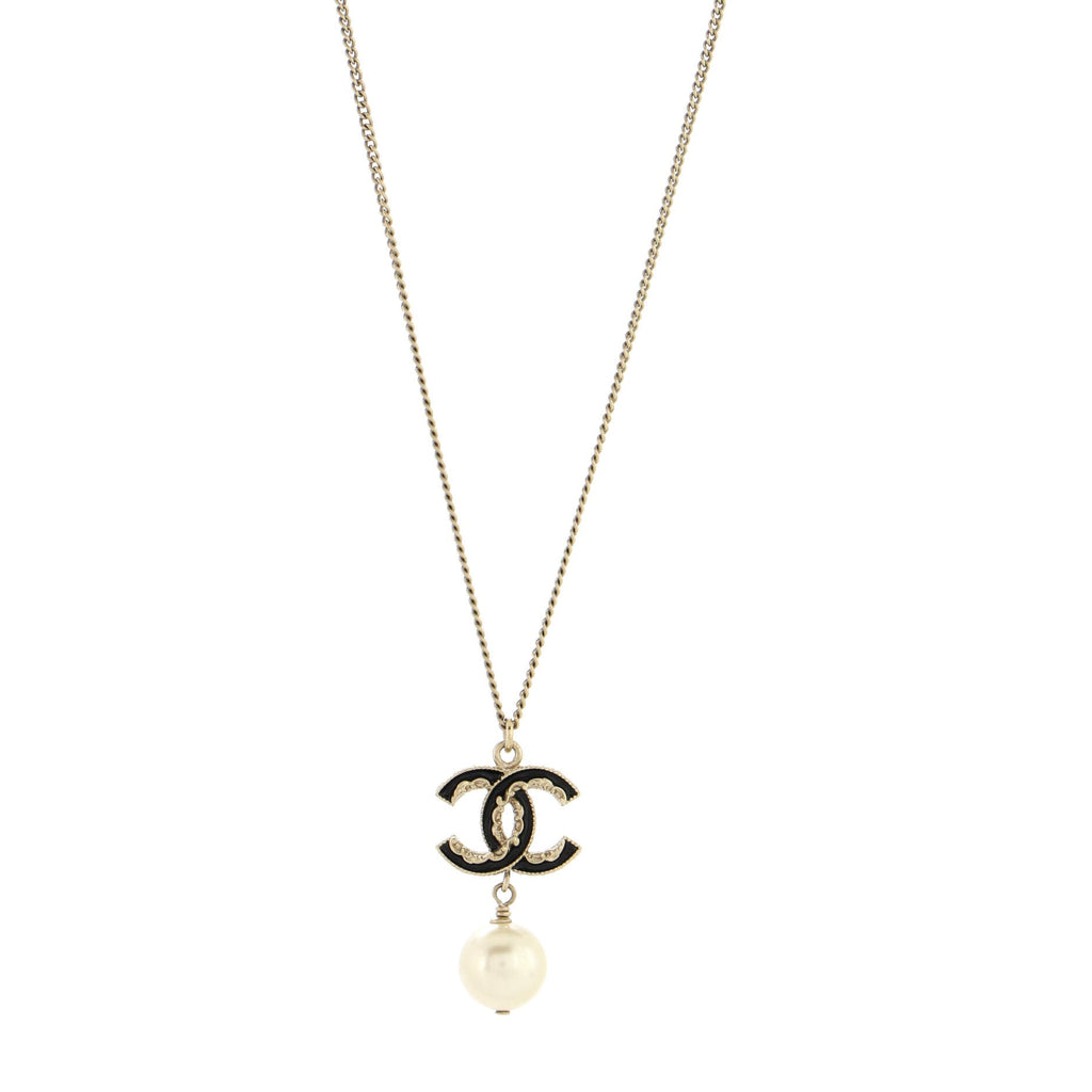CC Drop Pendant Necklace Metal with Enamel and Faux Pearl