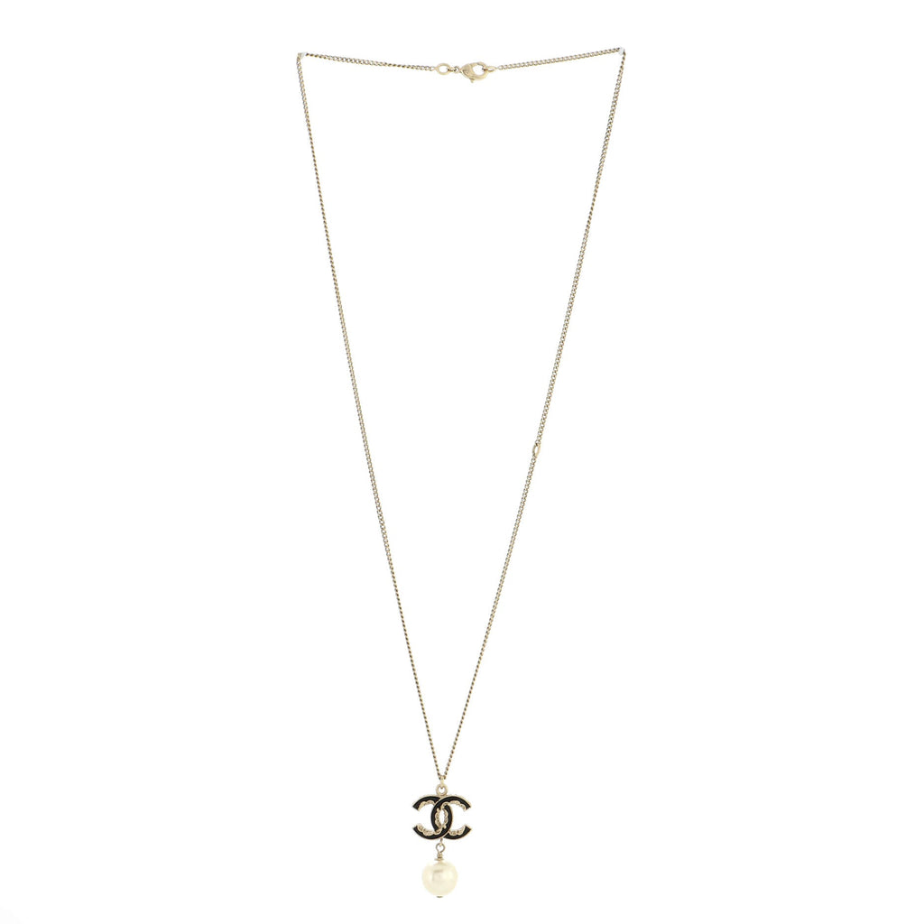 CC Drop Pendant Necklace Metal with Enamel and Faux Pearl