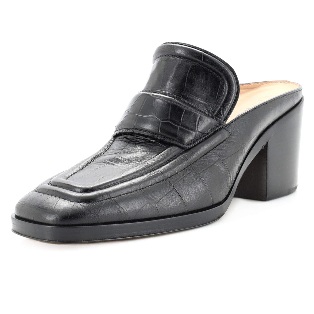 Women's Block Heel Loafer Mules Crocodile Embossed Leather
