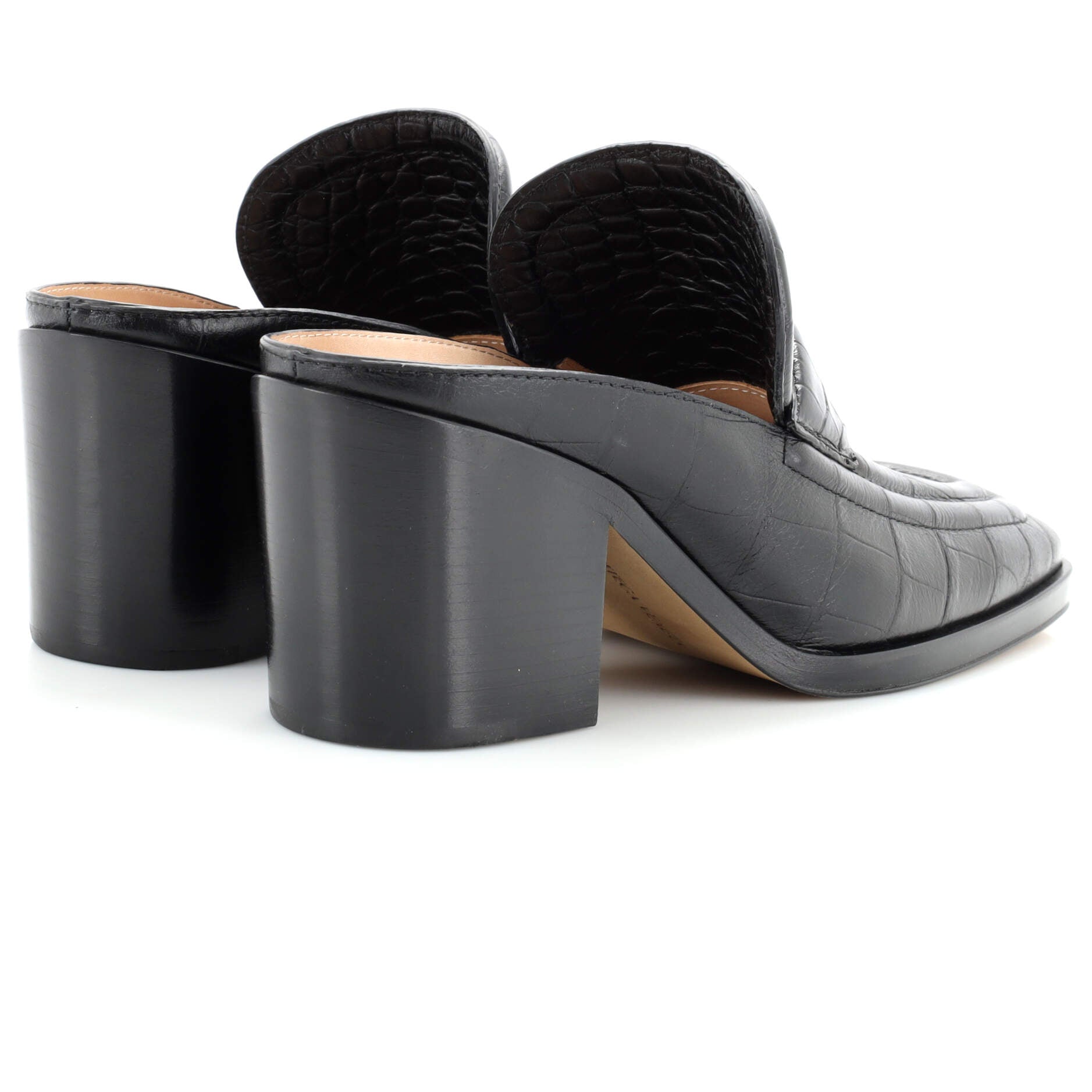 Women's Block Heel Loafer Mules Crocodile Embossed Leather