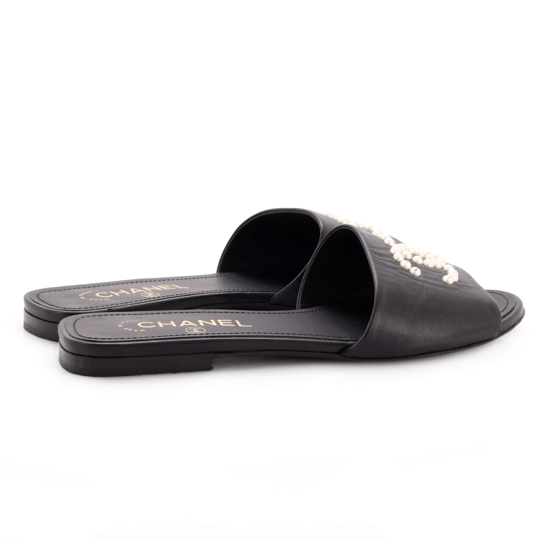Women's CC Slide Sandals Leather with Faux Pearls
