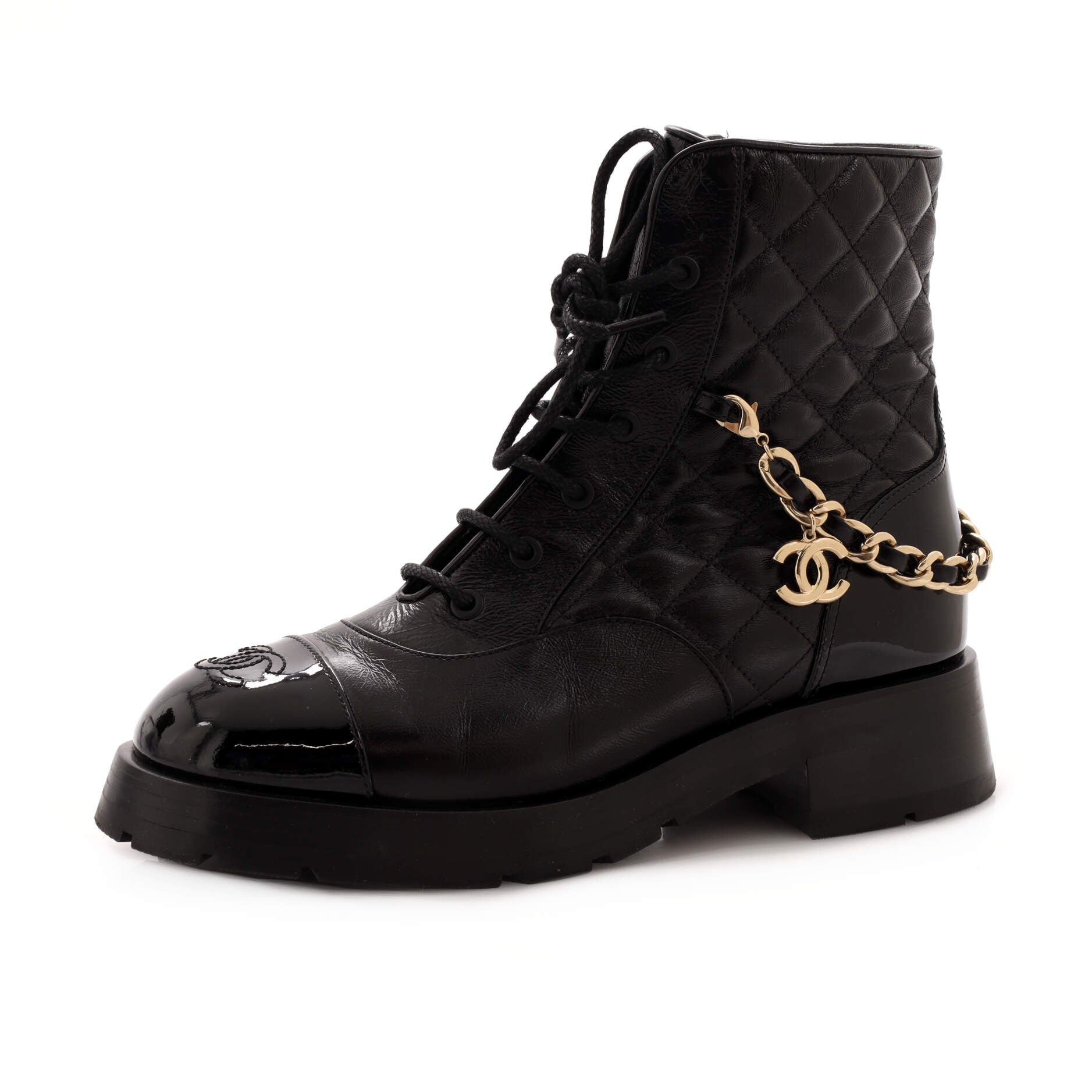 Women's Charm Chain CC Cap Toe Combat Boots Quilted Leather