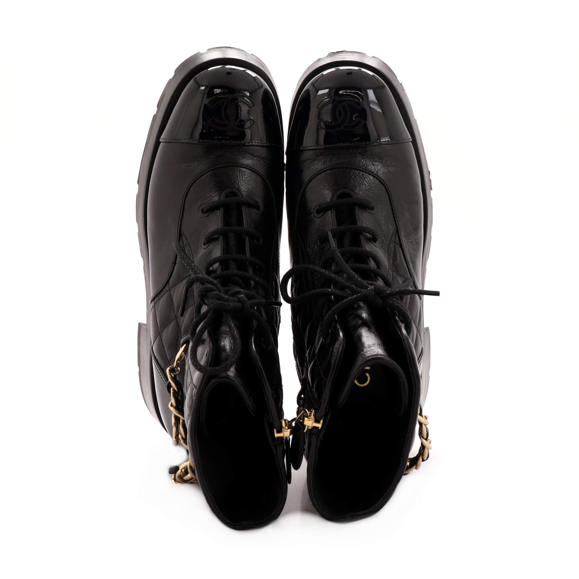 Women's Charm Chain CC Cap Toe Combat Boots Quilted Leather