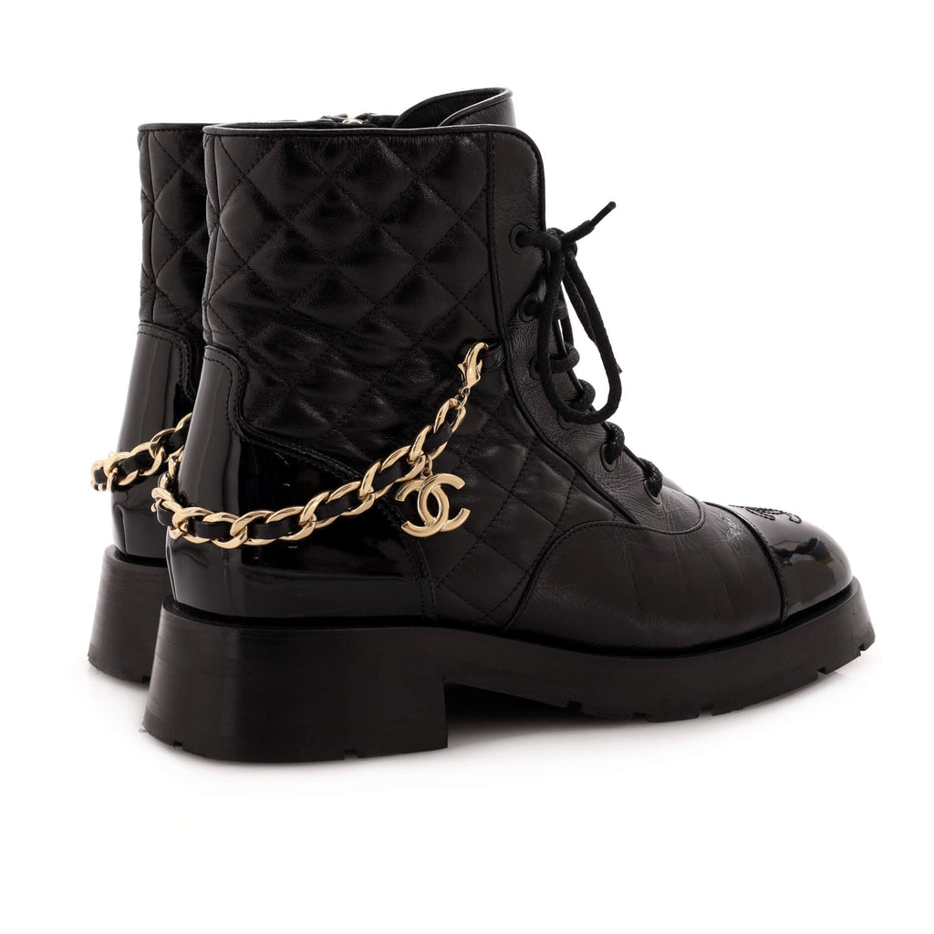 Women's Charm Chain CC Cap Toe Combat Boots Quilted Leather