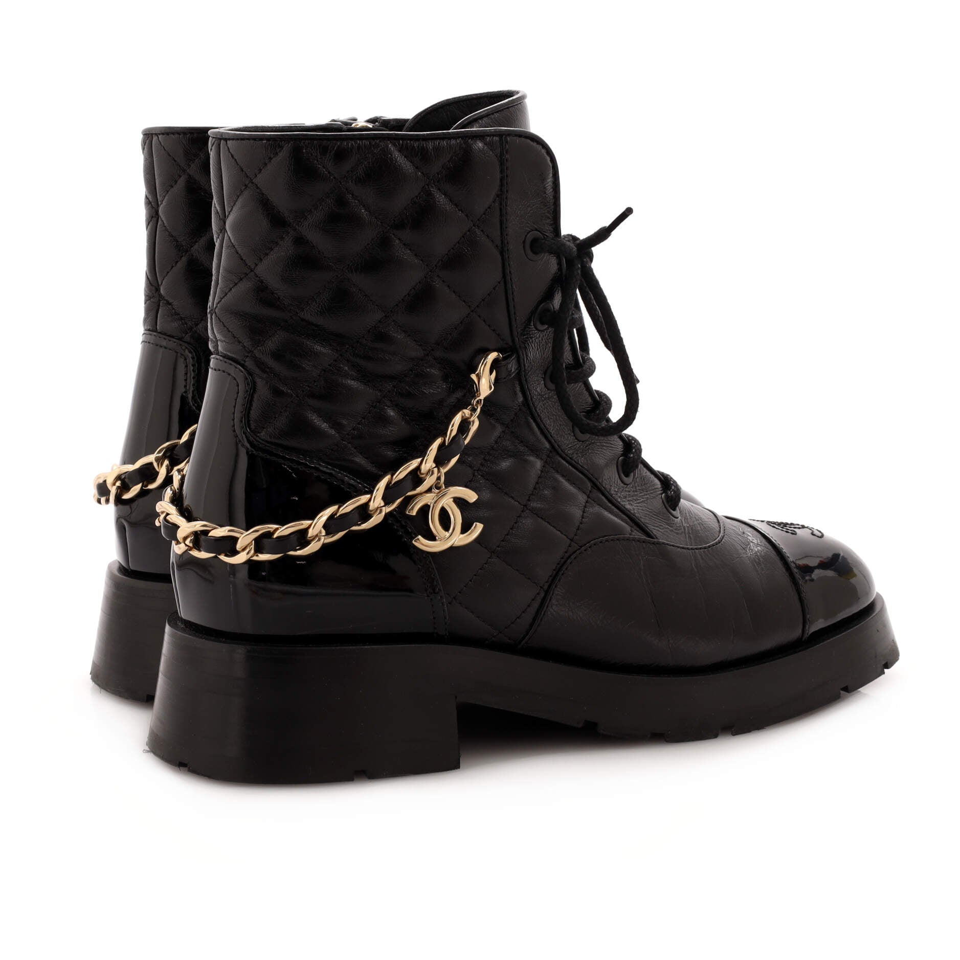 Women's Charm Chain CC Cap Toe Combat Boots Quilted Leather