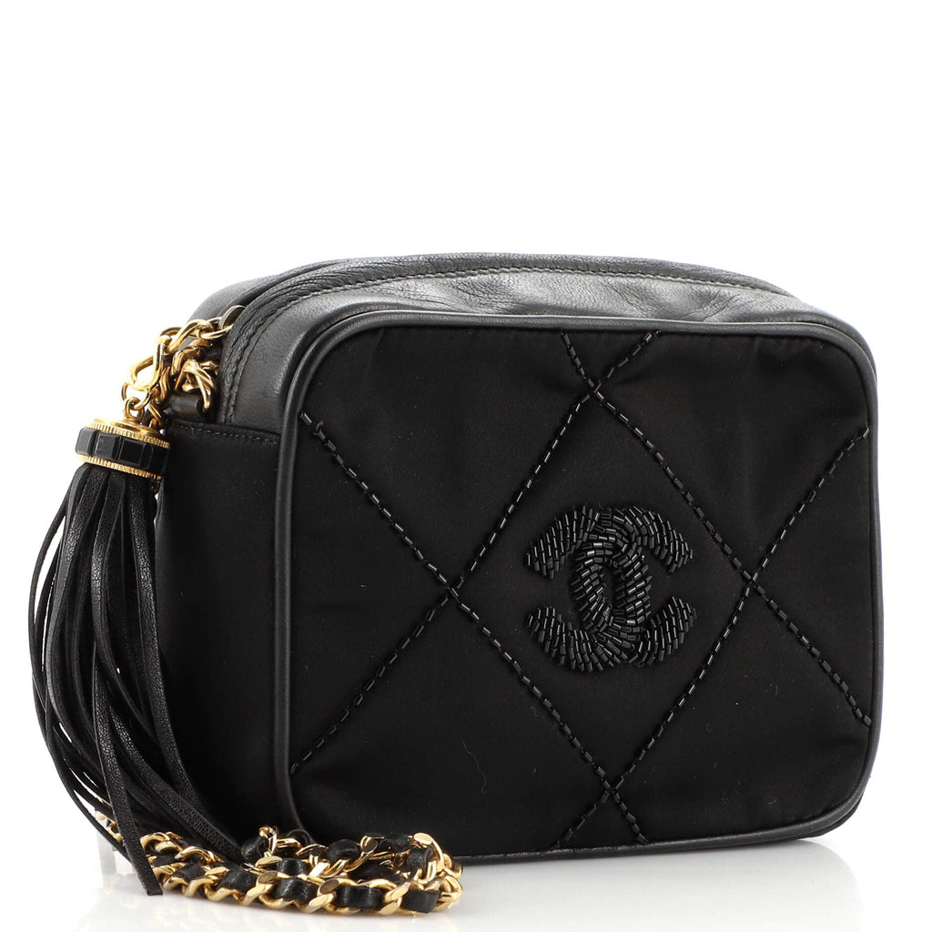 Camera CC Tassel Bag Beaded Satin with Leather Mini