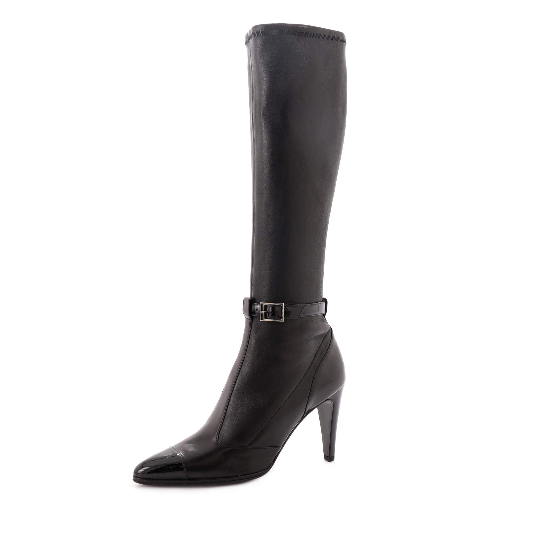 Women's Ankle Buckle Knee High Heel Boots Leather and Patent
